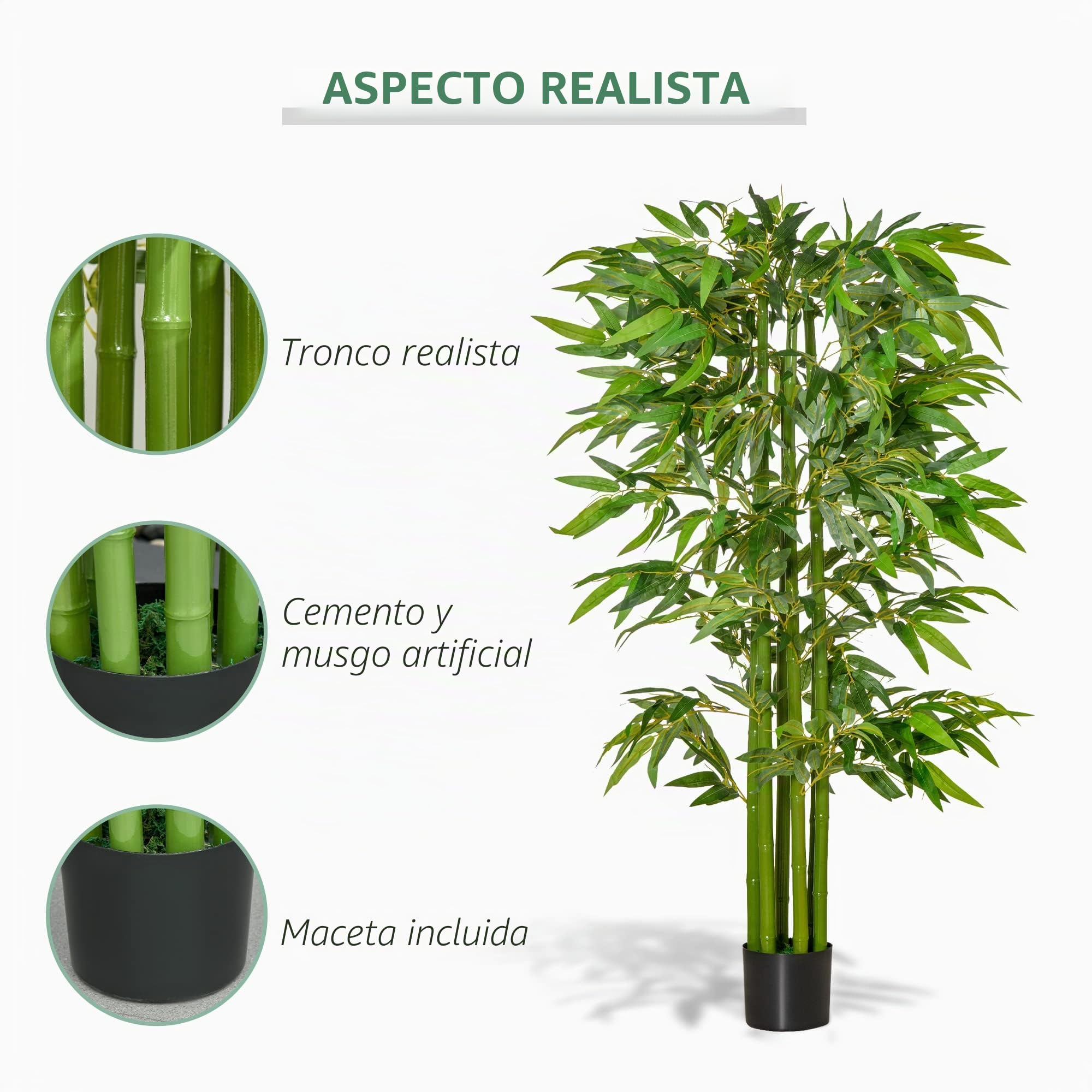 HOMCOM Bambú Artificial XL 1,60H m 975 Hojas densas realistas Maceta incluida Negro Verde