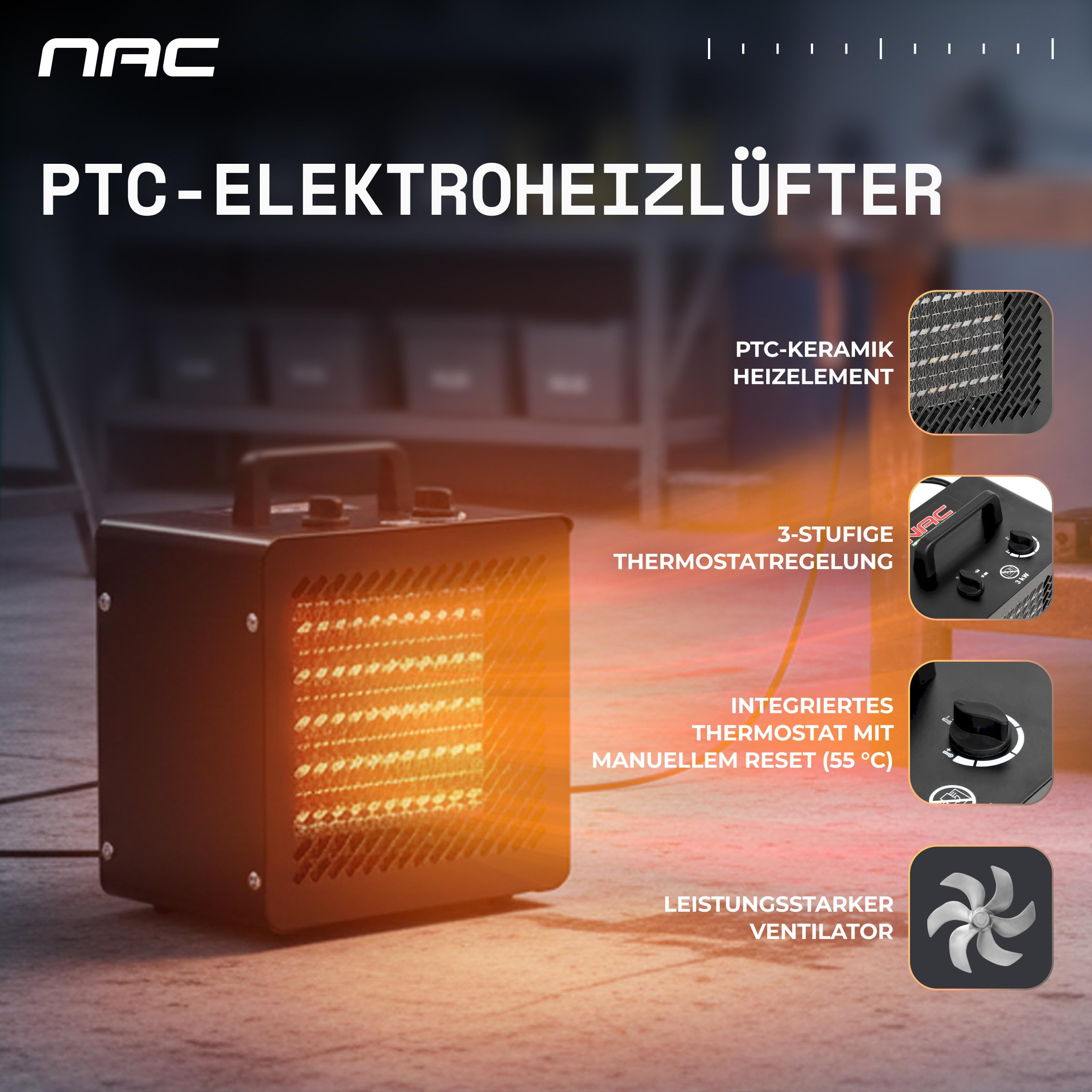 NAC Elektrischer Keramik Heizlüfter 3000 Watt - Heizstrahler mit Thermostat, Heizung Elektrisch - Heizgerät mit 3 Heizstufen, Elektroheizung für Garage, Werkstatt, Baustelle - Bauheizer Bautrockner