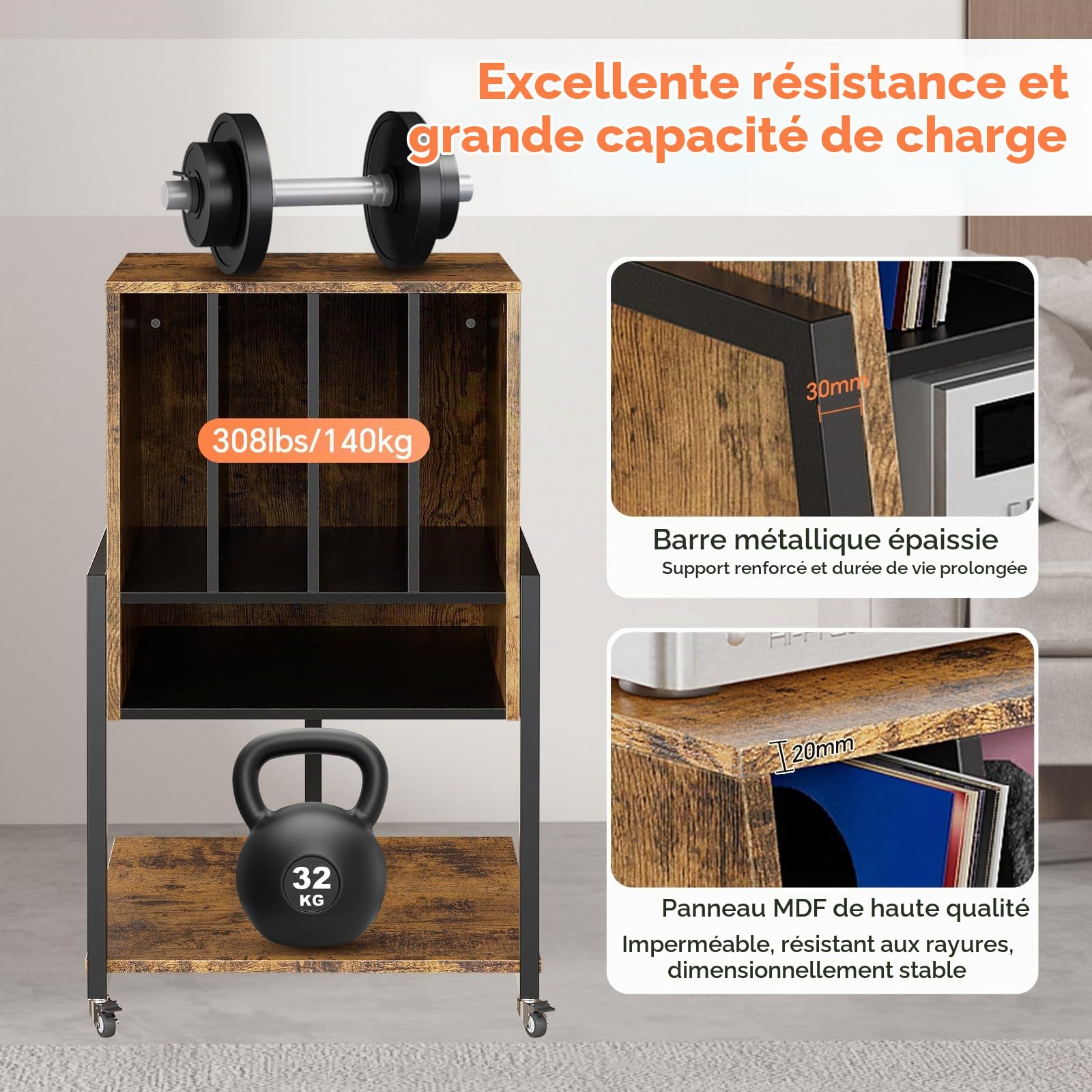 Meuble Tourne-Disque Vinyle Jusqu'à 120 Albums Meuble HIFI Vintage Présentoir à disques Support de Tourne-Disque à 4 Niveaux avec Roues 43 x 53.4 x 73.6CM Support de Rangement pour Disques Vinyles