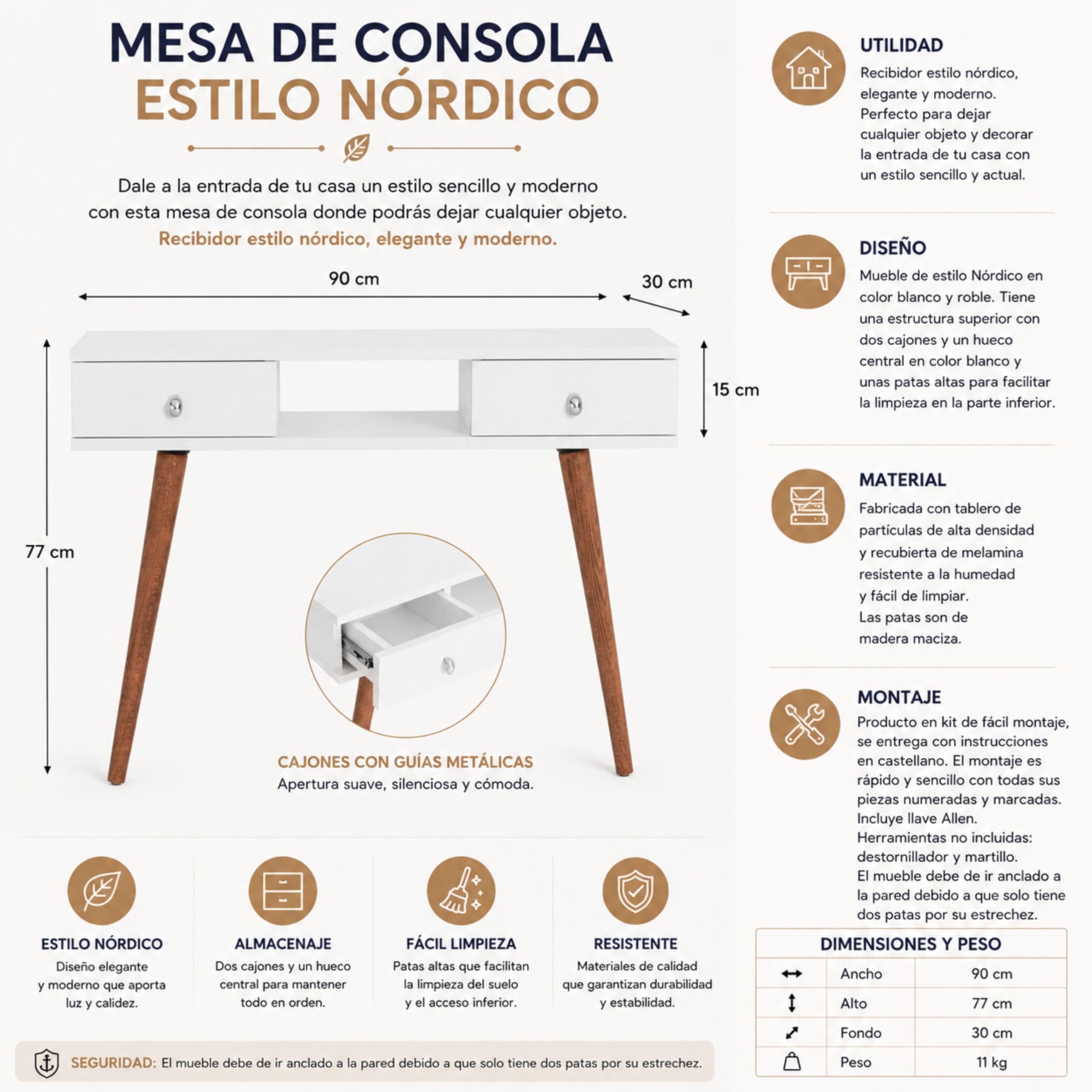 Recibidor Consola Blanco y Roble 90 x 30 x 77 cm con Dos cajones Temis