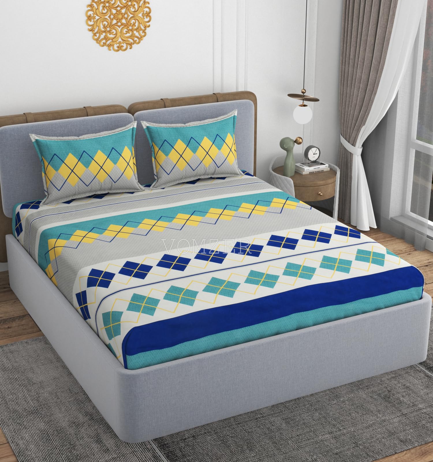 VOMZER 320 TC Cotton Feel All Around Elastic Fitted Printed Bedsheets Queen Size, Premium Elastic Fitted Queen Size Bed Sheet for Double Bed with 2 Pillow Covers, Size- 60 x 78 Inches Blue Box