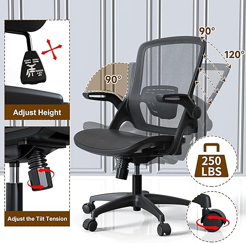Miniatura 5 de KOLLIEE Silla de oficina de malla con respaldo medio, ergonómica, giratoria, de malla negra, brazos abatibles con soporte lumbar, altura ajustable