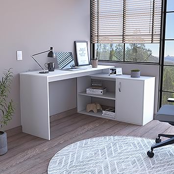 L Shaped Desk, Single Door Cabinet, Two Open Shelves, Two Interior Shelves, White