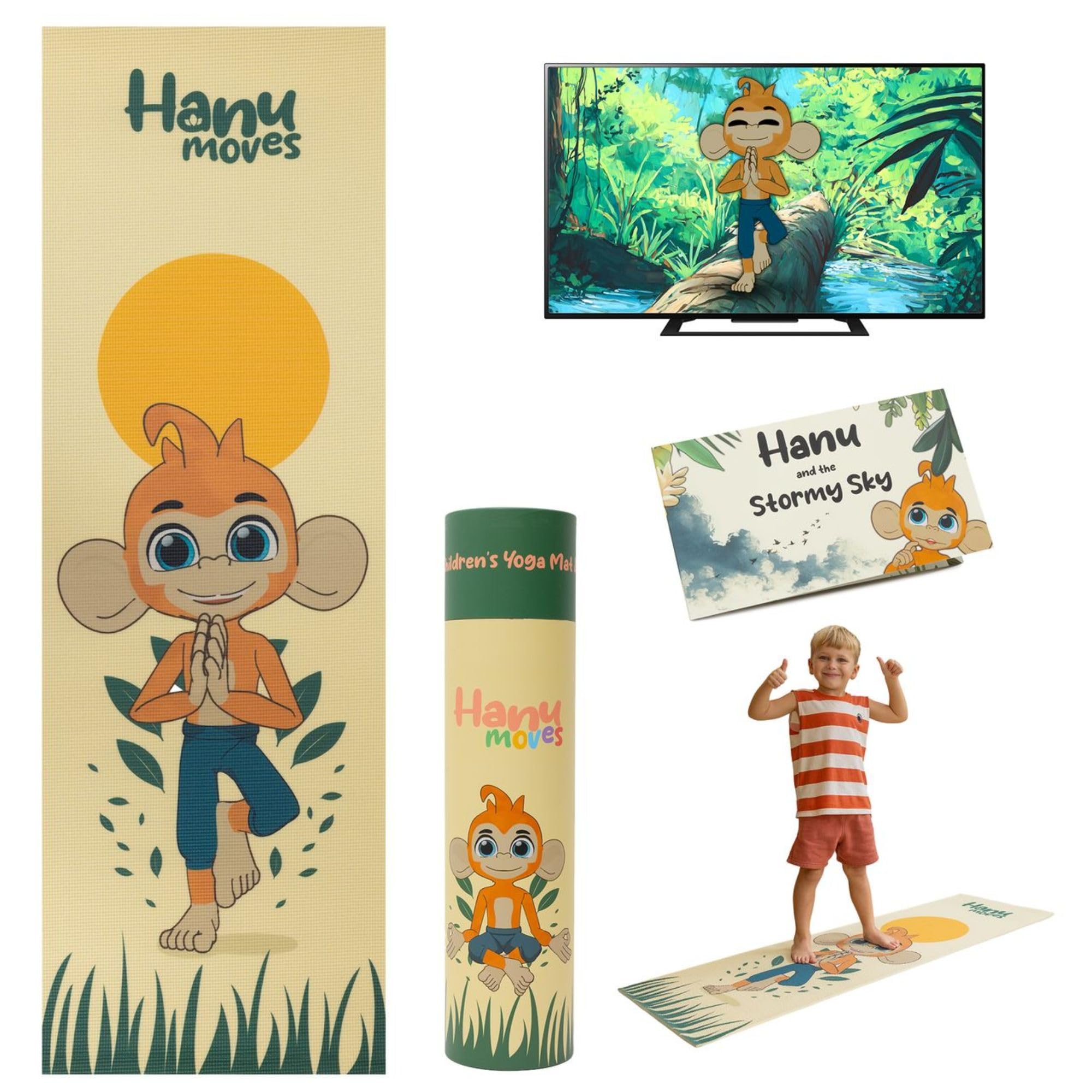 Hanu Yoga Mat & Storybook Set for Kids – childrens yoga, toddler mindfulness, breathing exercises, bedtime story, playful balanced movement, parent child bonding, Ideal for ages 3-8