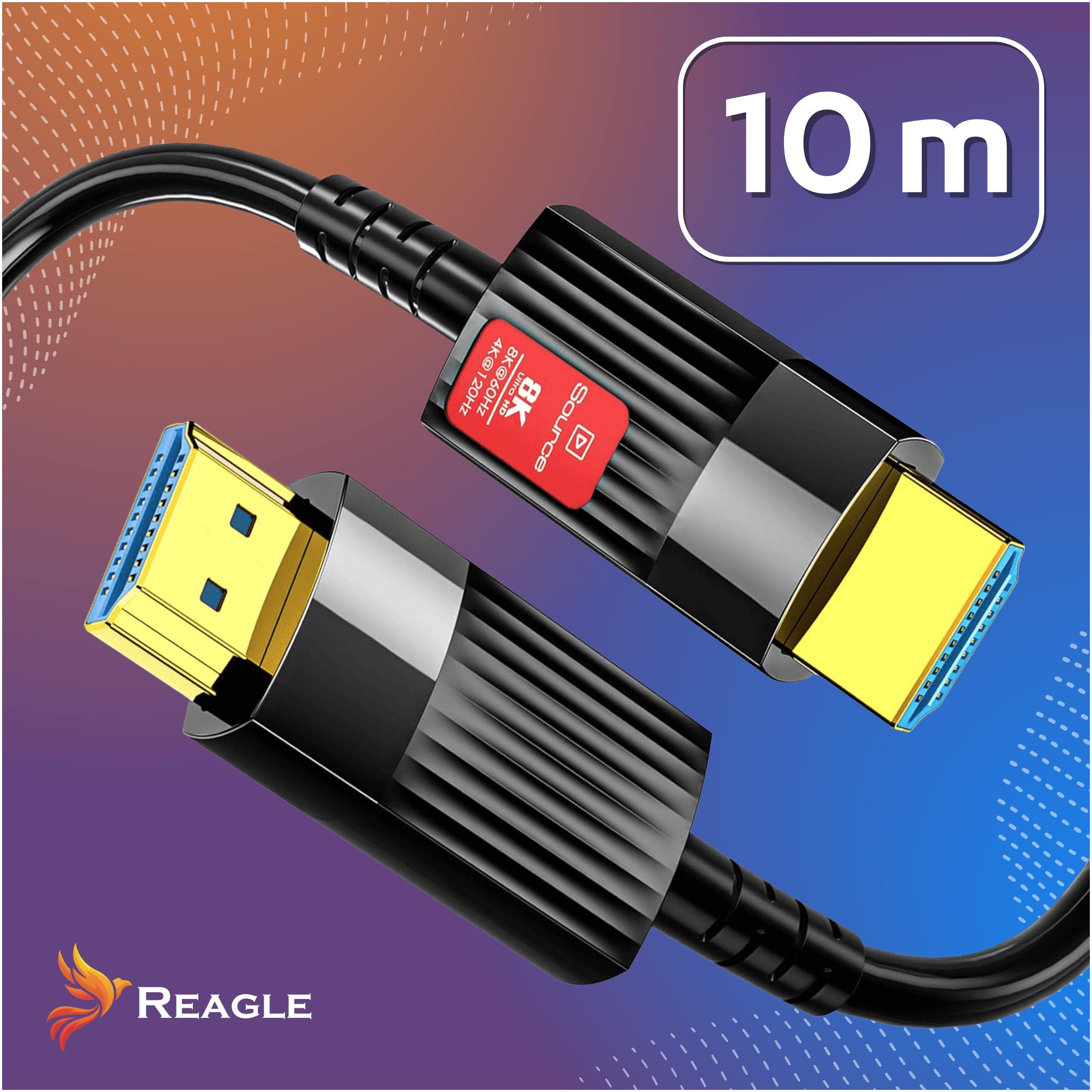 Reagle Cable óptico HDMI 2.1, 10 m, 48 Gbps, AOC 8K, 60 Hz, 4 K, 120 Hz, HDR 48 Gbit/s, DolbyVision Dolby Atmos, compatible con TV, consola, tarjetas gráficas RTX 30xx y RX 6xxx