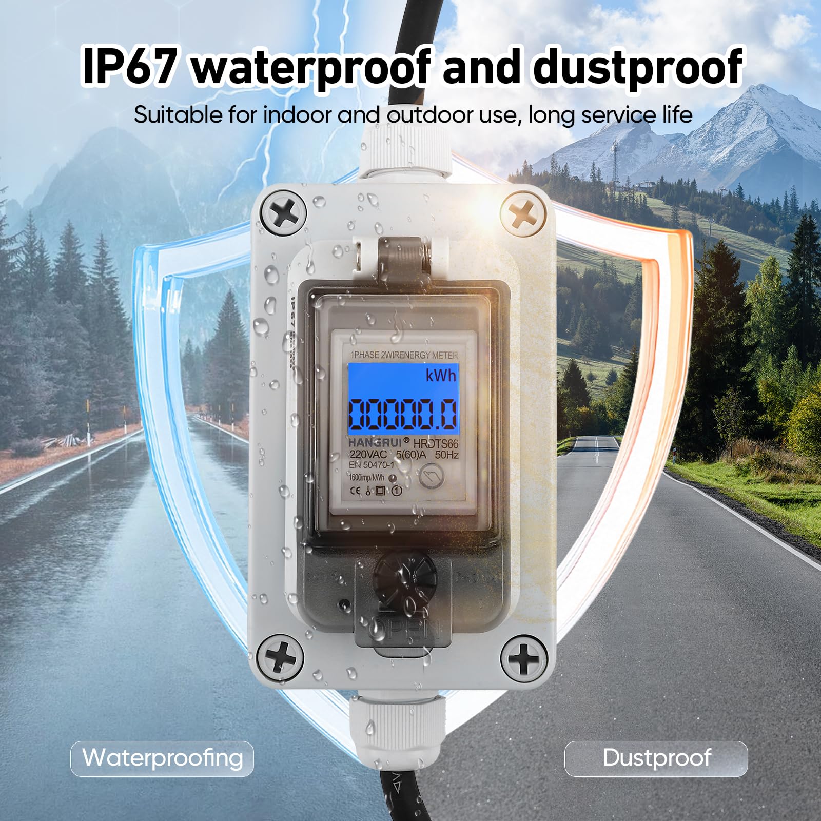 Compteur d‘Énergie Mobile IP67 Étanche, Prise CEE 16A, Surveillance de la Consommation en Temps Réel, Mémoire Anti-Coupure, pour Camping-Car, Van & Voiture Électrique, Câble Caoutchouc 3m