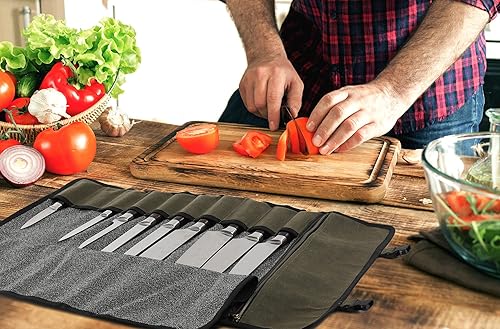 Miniatura 27 de Rollo de cuchillos, organizador de estuches para cuchillos, lona encerada duradera con forro resistente a cortes, 5 bolsillos (caqui) Caqui