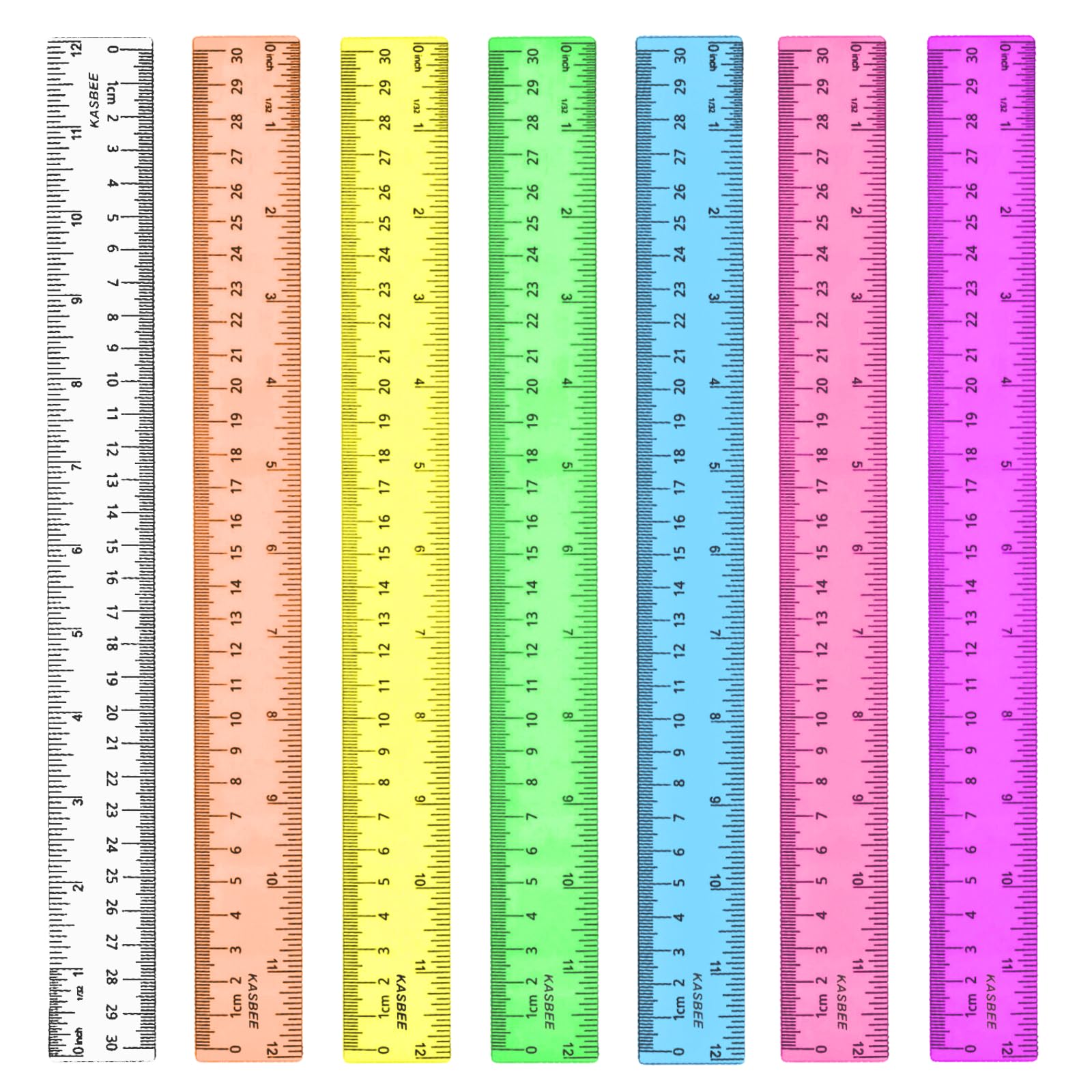 Rulers 12 Inch, Colored Clear Rulers, Plastic Measuring Ruler for Kids, School, Home and Office, Millimeter, Centimeter and Inches, Pack of 7