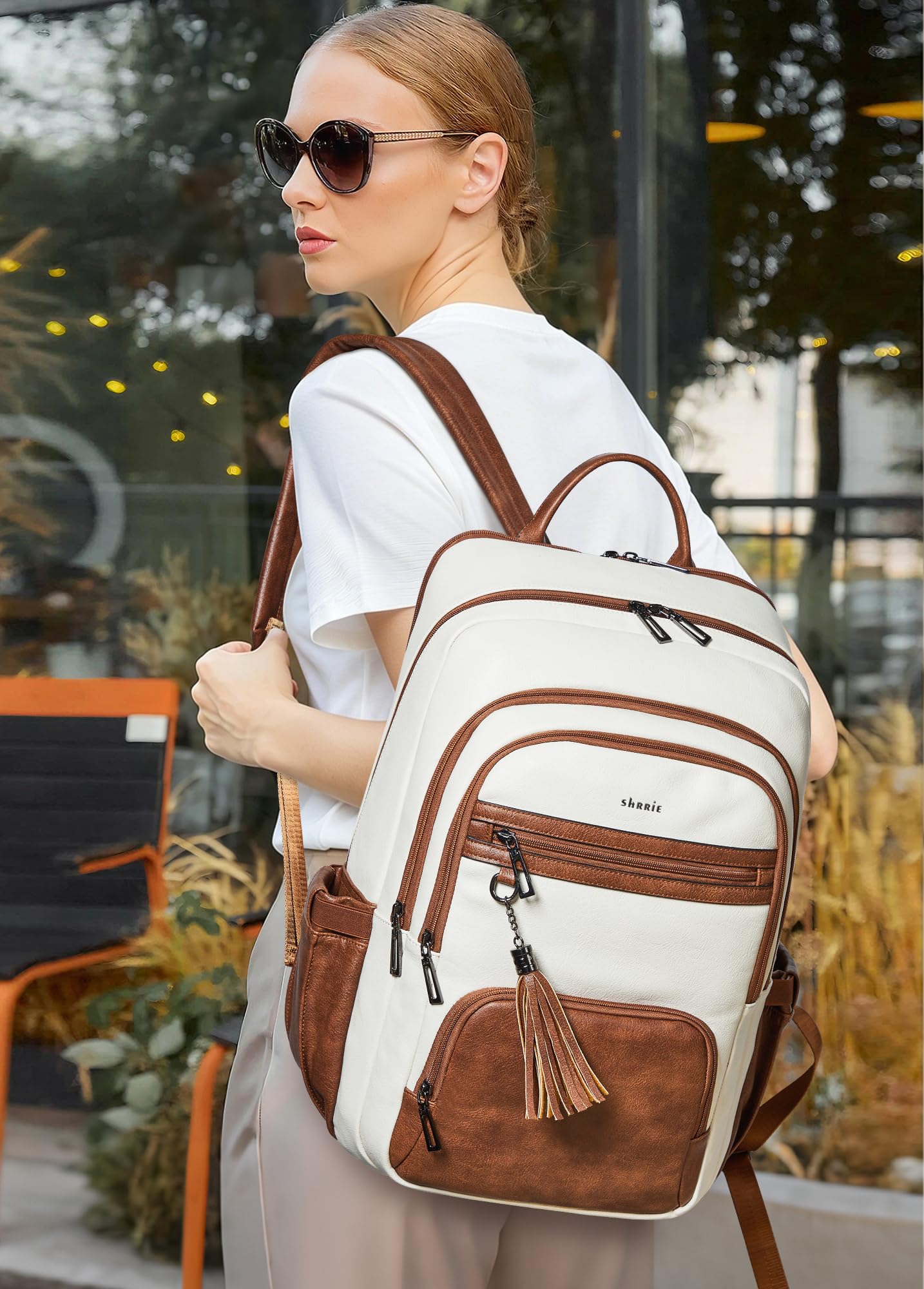 Shrrie 17 Zoll Laptop Rucksack für Frauen, Vegan Leder Rucksack Tasche, 28L Arbeit Business College Reise Computer Rucksäcke mit Tasche Tasche für große Kapazität Tasse & USB-Ladegerät