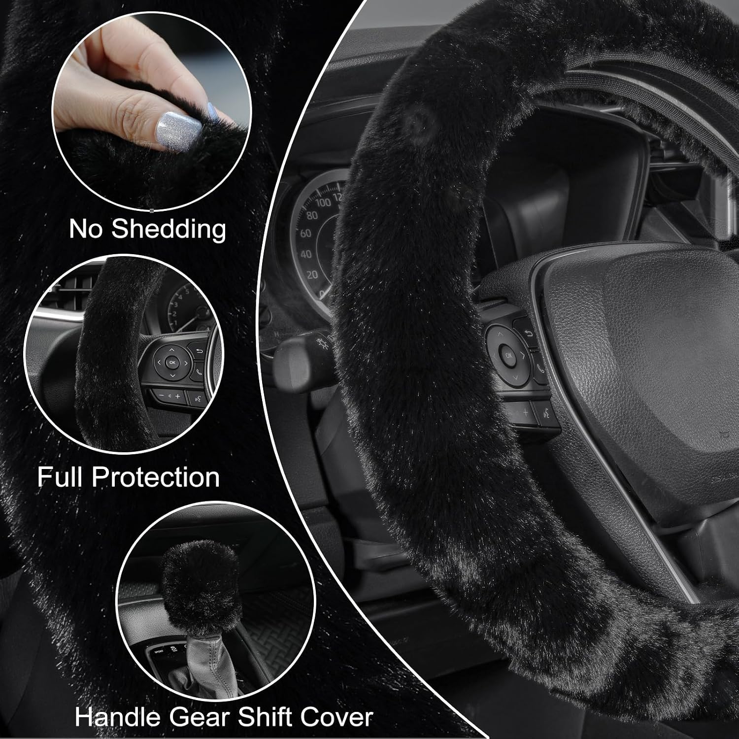 SEG Direct Furry Car Steering Wheel Cover with Fluffy Gear Shift Cover Soft Warm Non-Slip Car Decoration for Men Women Girls 2 PCS Set, Black