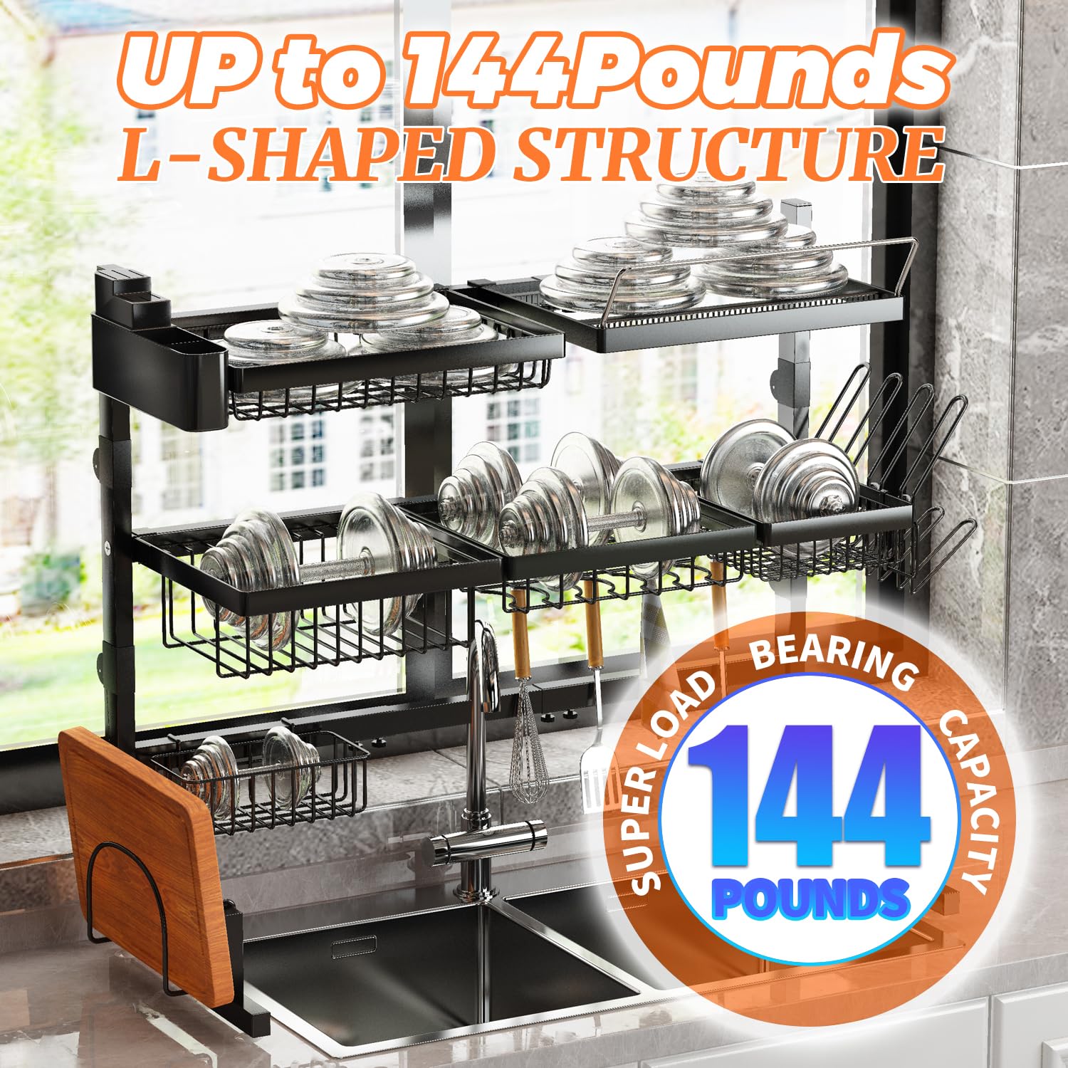 ilvvan Over Sink Dish Drying Rack (Expandable Height/Length) Snap-On Design Large Dish Drainer Storage Counter Organizer