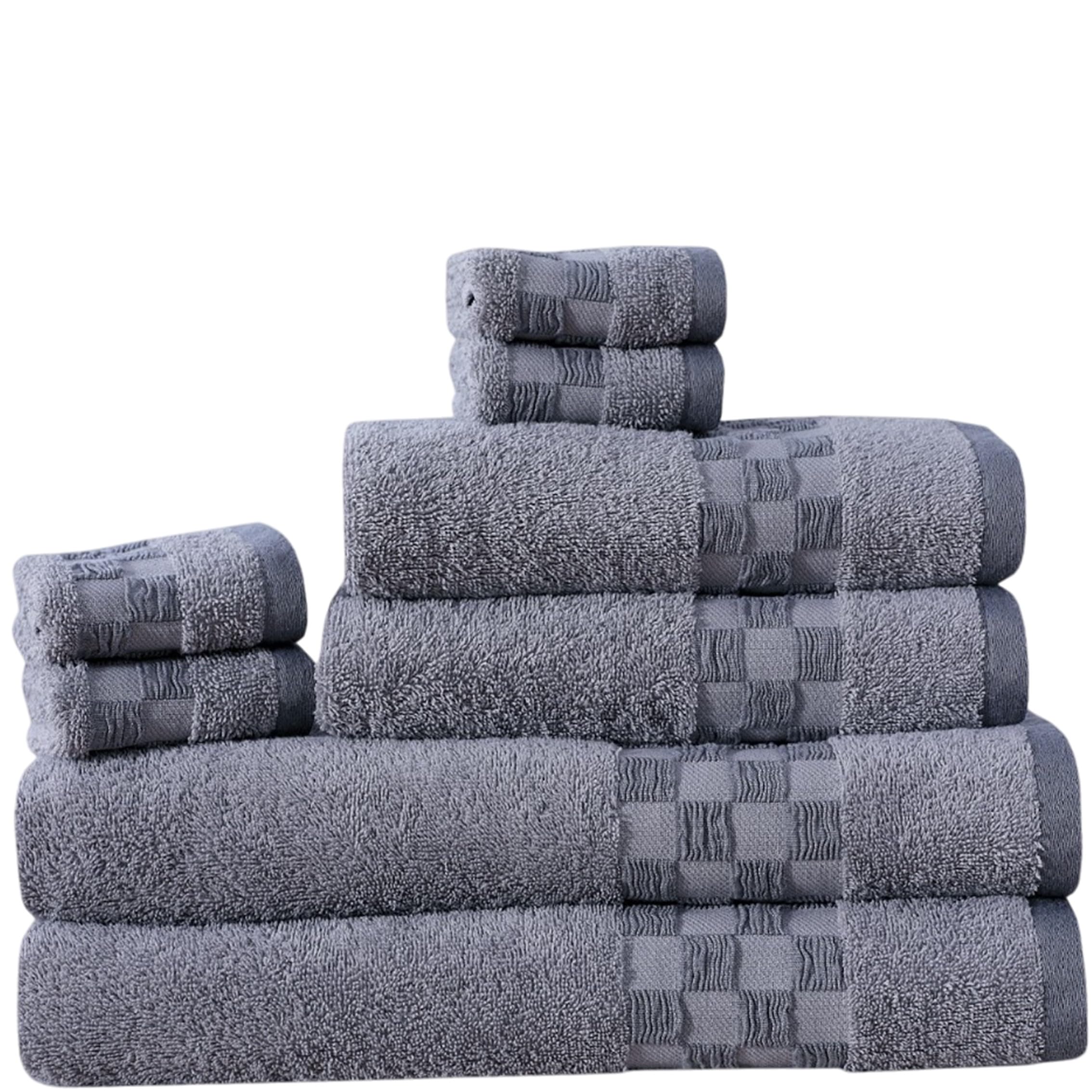 8 Piece Towel Set – 100% Natural Cotton, 600 GSM – Includes 2 Bath Towels, 2 Hand Towels, 4 Face Cloths – Ultra Soft, Highly Absorbent, Quick-Dry – Hotel Spa Quality Bale Set (Silver Check Border)