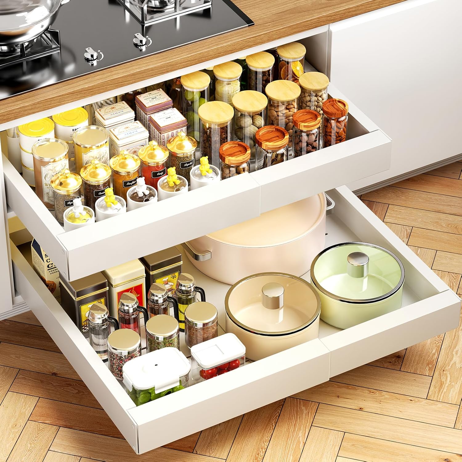 Expandable Pull Out Cabinet Organizer, 21" Deep Adhesive Slide Out Drawer for Kitchen Cabinets Pantry Bathroom Sliding Drawer, 2-Pack Cabinet Pull Out Shelves for Kitchen Pantry Organization White 21"D x 11.81"~18.11"W(2Pack)