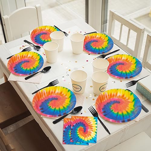 Miniatura 5 de Juego de 96 piezas con diseño de teñido anudado para fiesta, teñido anudado, temática hippie de los años 60, decoración de mesa, suministros de