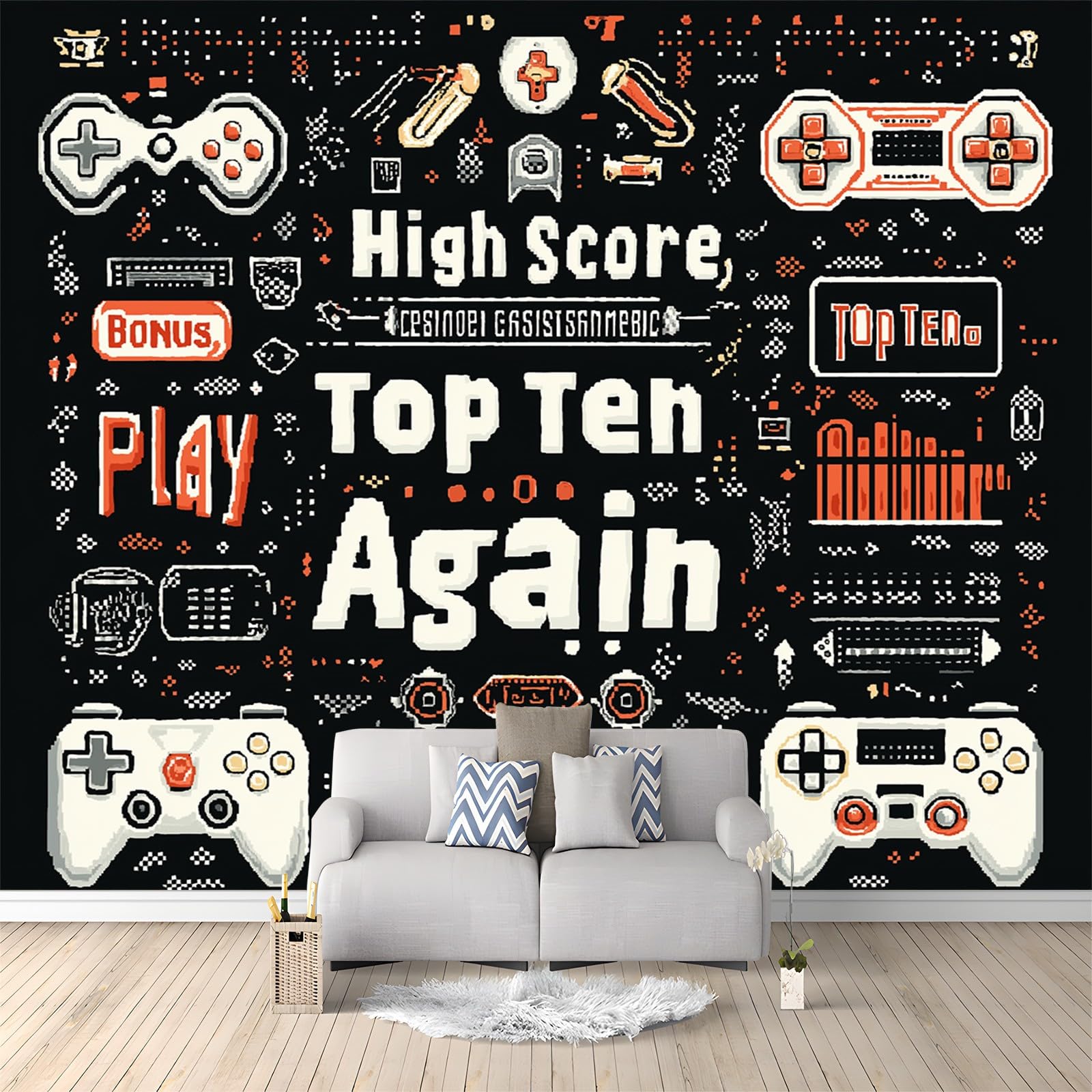 Panoramiczna tapeta z nadrukiem retro gamepady tapeta ścienna z włókniny 400 x 280 cm do salonu pokój dziecięcy restauracja mieszkanie dekoracja ścienna czarny biały