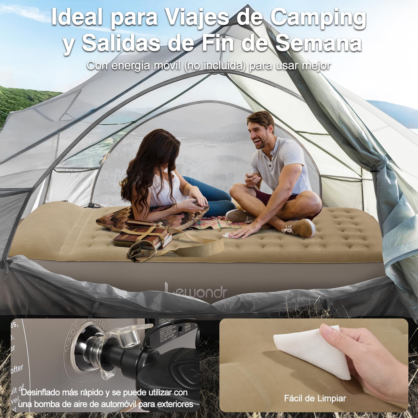 Colchón Hinchable Matrimonio con Bomba Integrada 203x152x33CM Almohada 250kg Khaki