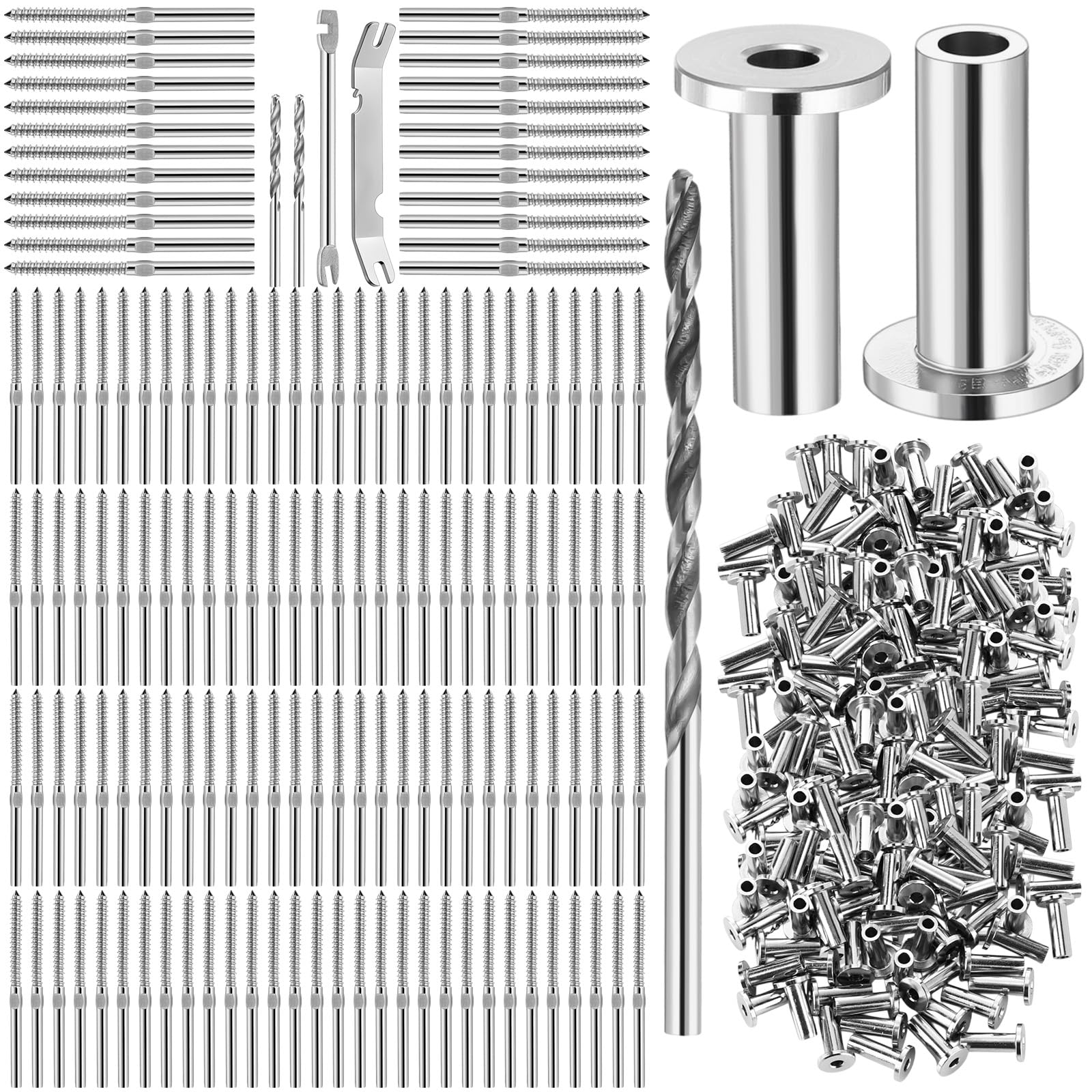 Blulu Confezione da 200 pezzi da 1/8" kit hardware per ringhiere per cavi e manicotti protettivi in acciaio inossidabile T316 per mancini e destrorsi, viti di ritardo per ponte, sistema di ringhiere