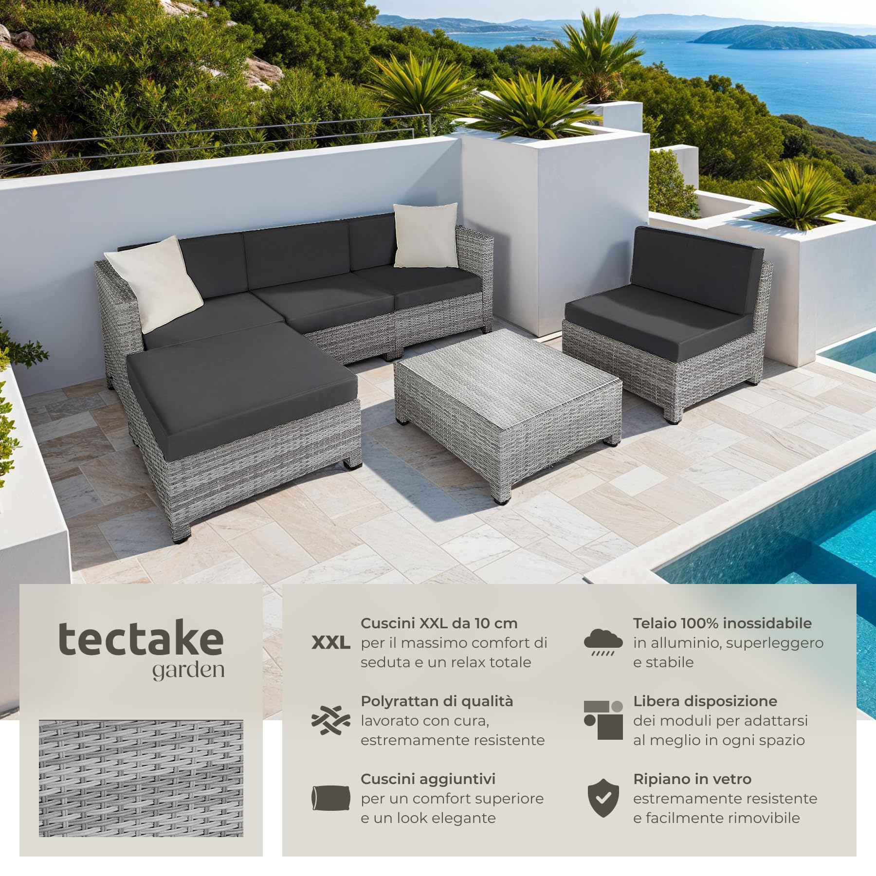 tectake® Set Salotto da Giardino Polyrattan, Elegante Design Moderno, 4 Pezzi con Tavolo Vetro, Imbottiture Confortevoli 10cm, Arredo Giardino, Arredo Esterno, Adatto Terrazza, Balcone -Grigio Chiaro