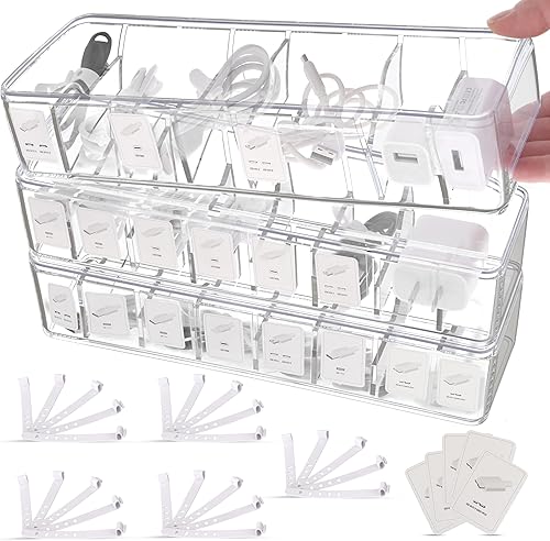 Juego de 3 cajas organizadoras de cables con etiquetas, organizador de cables, organizador de cajas de carga, apilables, organizador de cables con