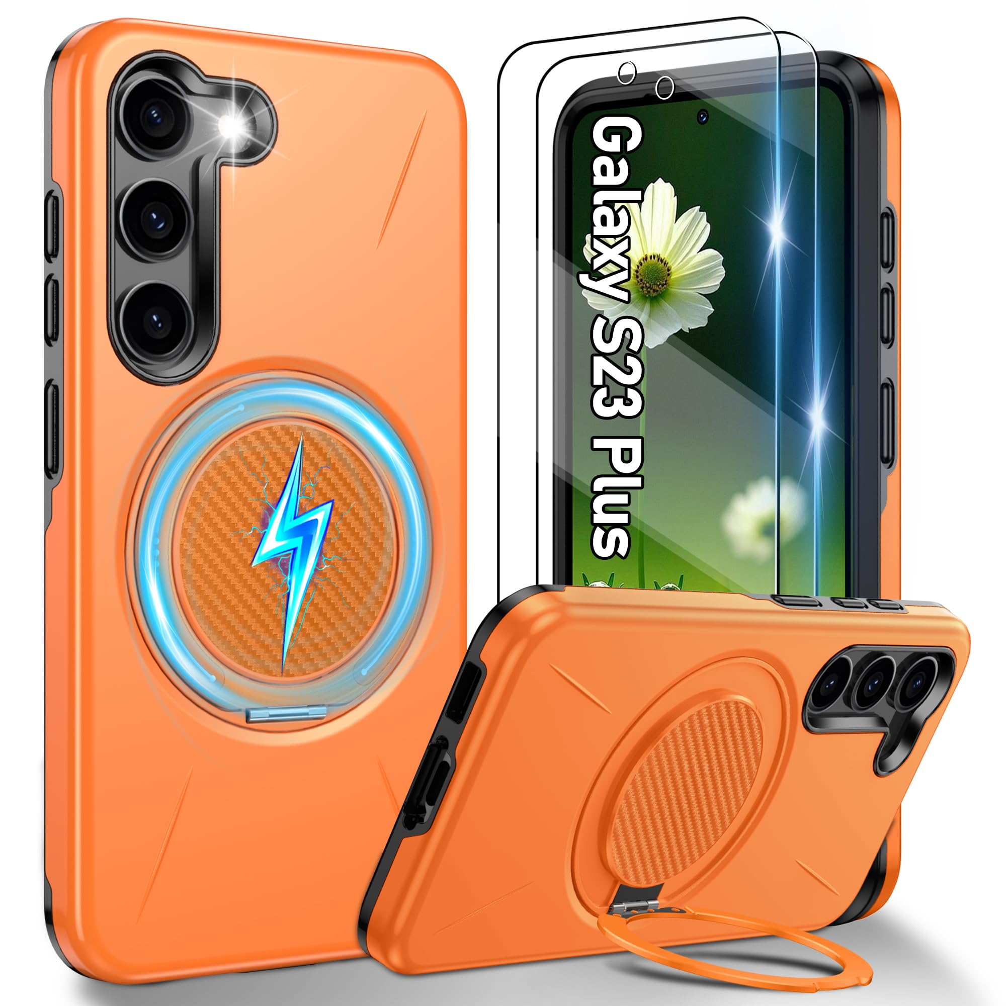 Gritup für Samsung Galaxy S23 Plus Hülle für Magsafe mit 2 Stück HD-Bildschirmschutz, eingebauter Kickstand, Dual Layer Stoßdicht, Kamera Guard,Schutz in Militärqualität for S23 + Plus Case-Orange