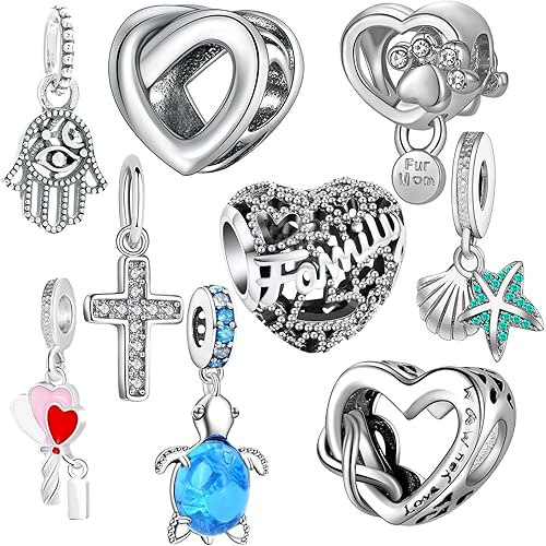 9 Pack Silver Spacer Beads Charms fit Pandora Bracelet CZ Pendant Set