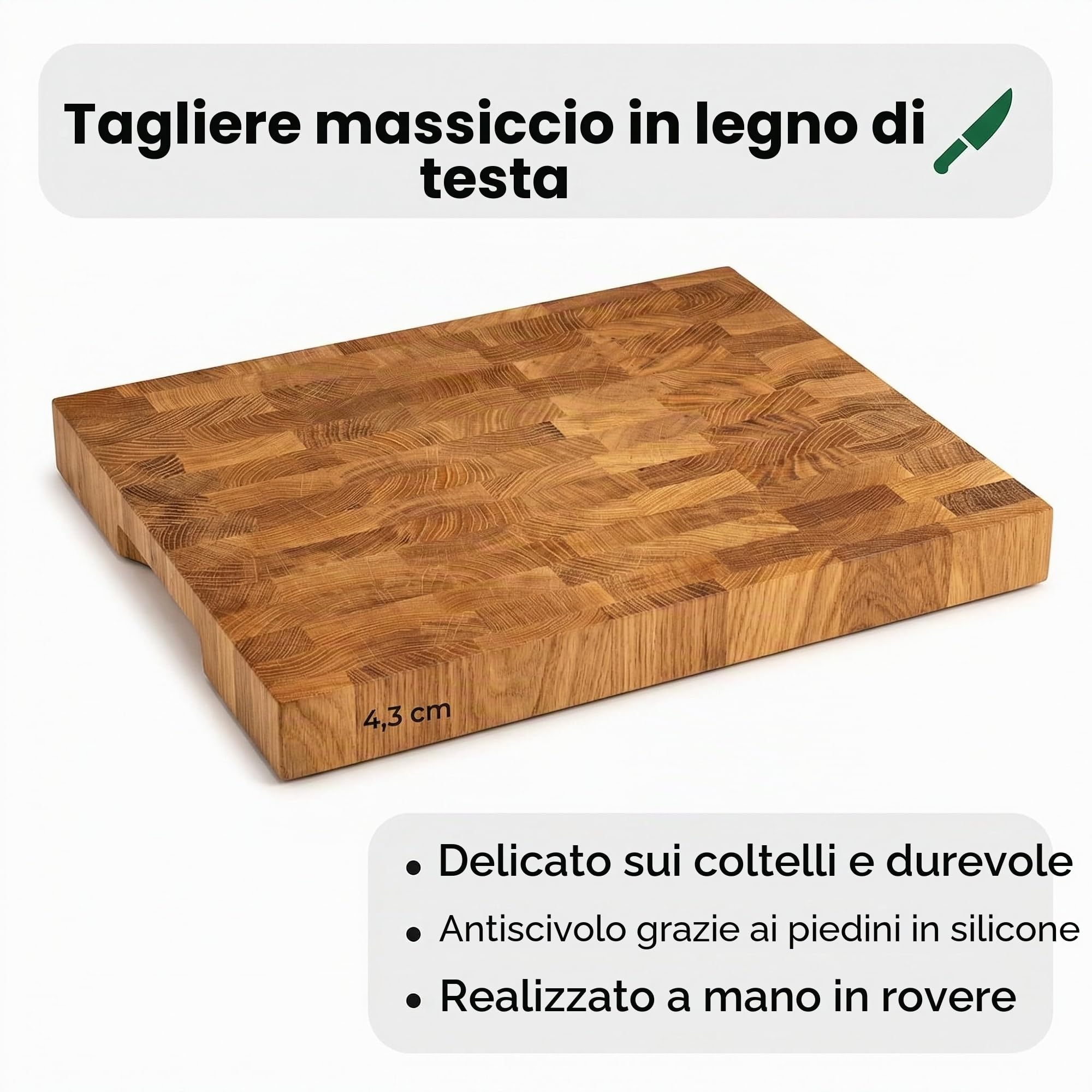 B4K® Tagliere in legno di quercia 43x33x4,3 cm | Con maniglie e piedini in silicone | Antibatterico e oliato | Tagliere da cucina artigianale