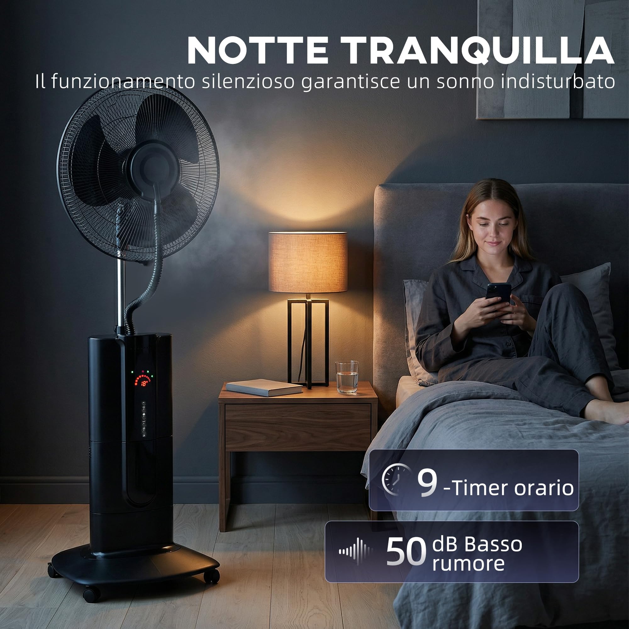 HOMCOM Ventilatore Nebulizzatore Serbatoio 1.5L, Ionizzatore, 3 Modalità, 3 Velocità, Ventilatore a Piantana, Ruote, Oscillazione 120° Inclinazione 20°, Timer 9h, Display LED, Telecomando, 100W, 130cm