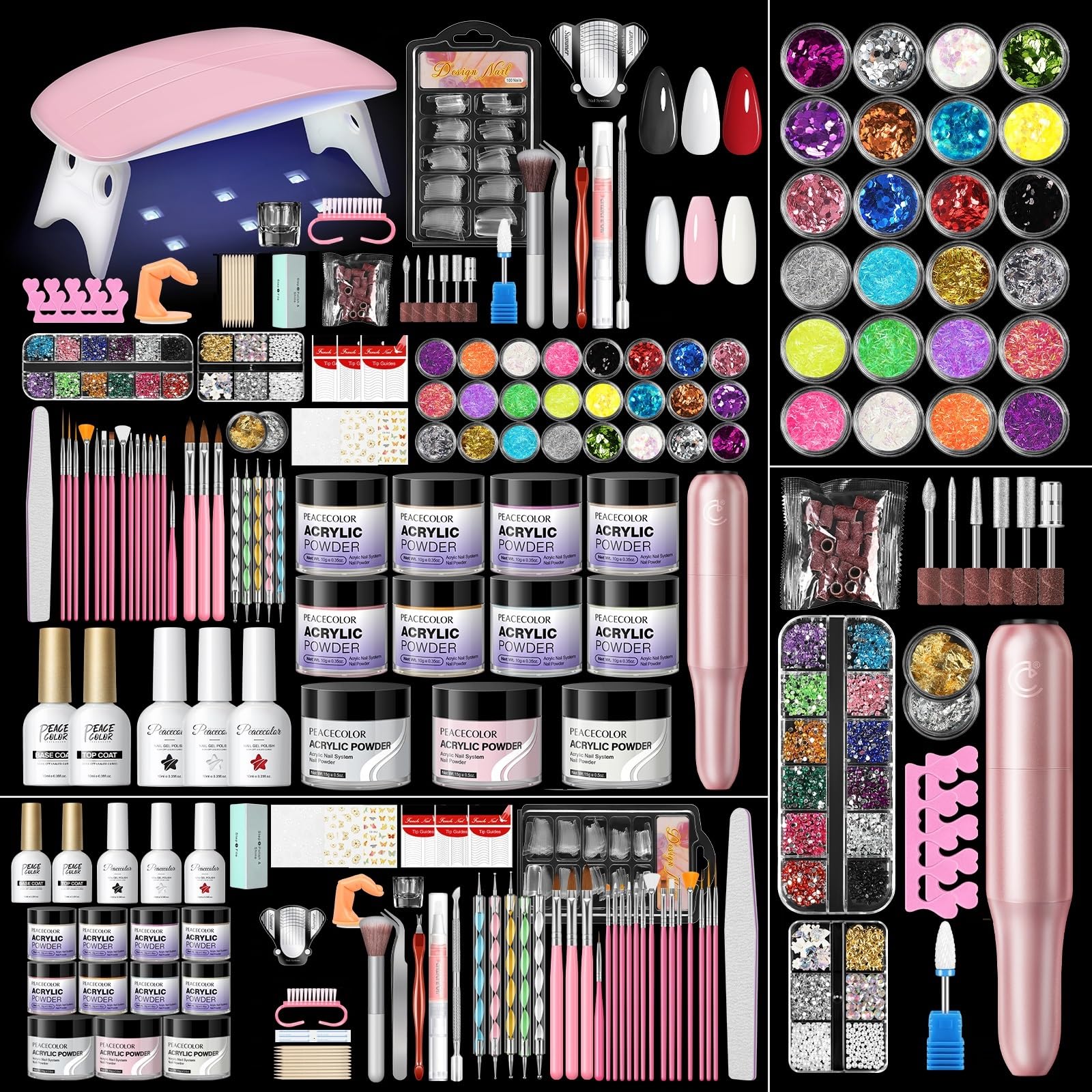PEACECOLOR 224PC Acrylic Nail Kit with Dirll, 11 Colors Red White Pink Acrylic Powder Set with Gel Polish Nails Kit for Beginners with Everything Home DIY Salon Manicure Tools for Women