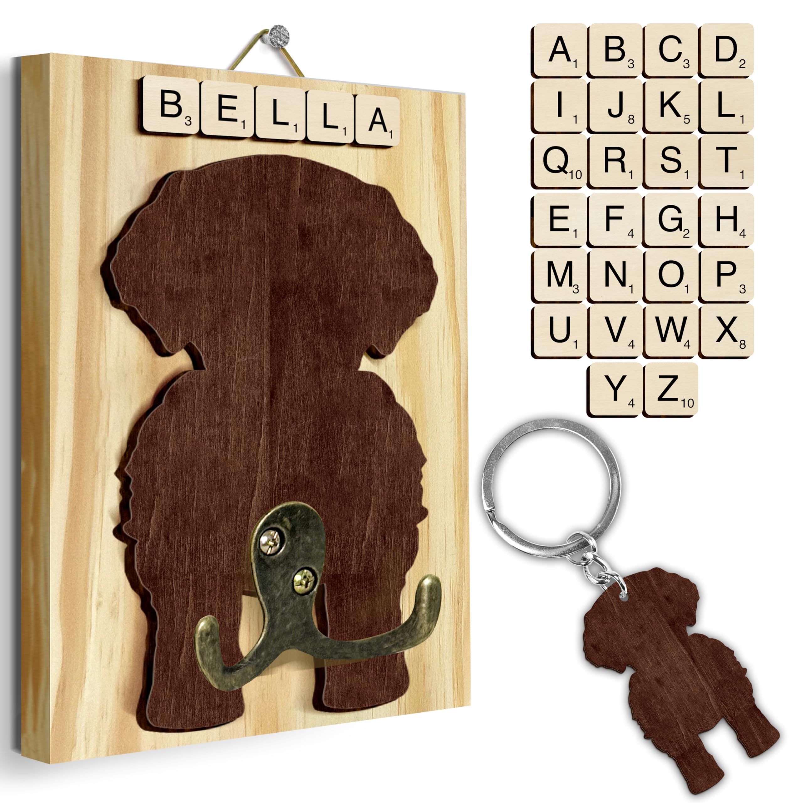 Golden Doodle Dog Leash Holder Wall Mount with Scrabble Letters, Wooden Dog Wall Hook Organizer, Pet Collar and Harness Hanger for Entryway, Key Hook Gift for Pet Lovers, Home Decoration PF297-39