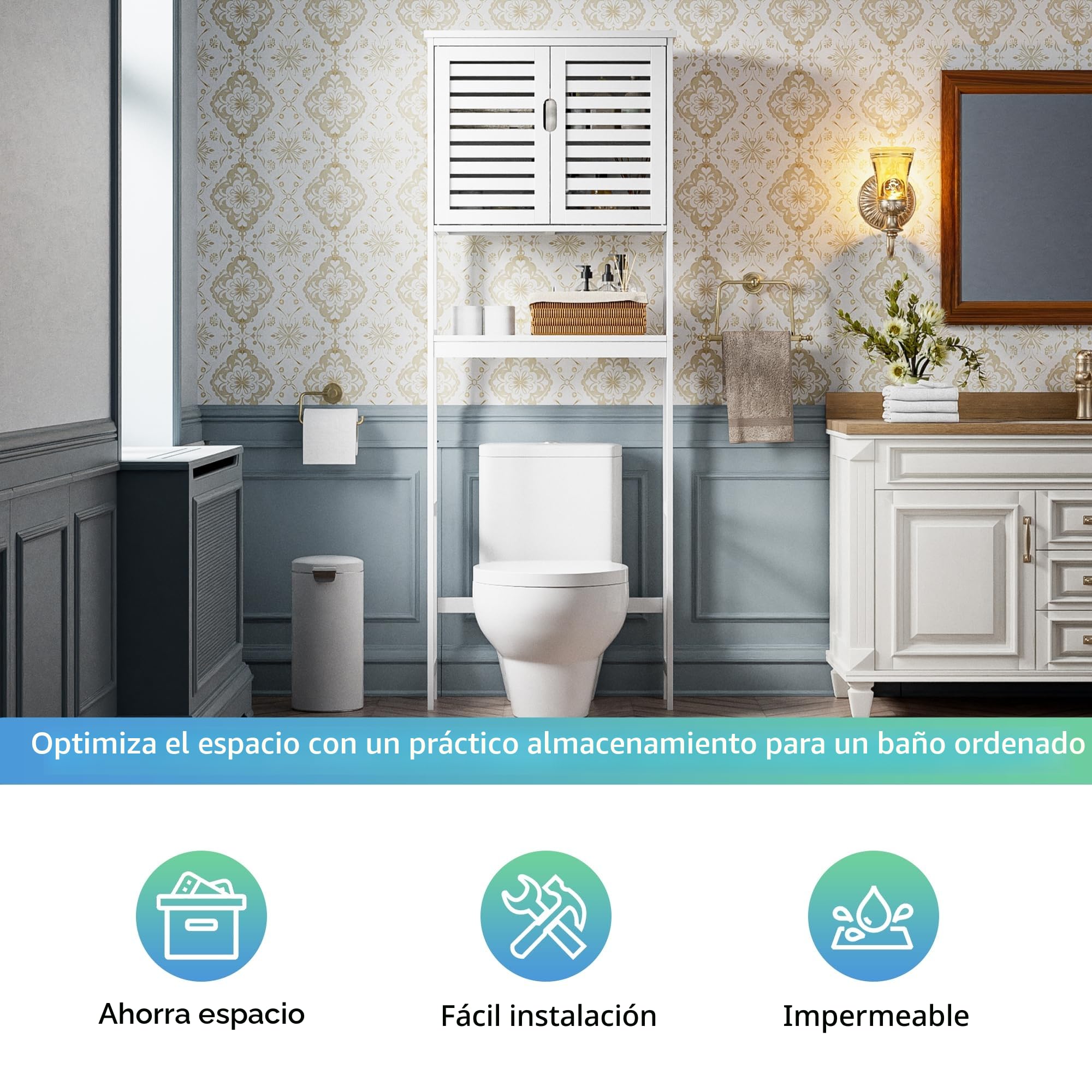 SMIBUY Armario para el Inodoro en el Baño, Organizador de 2 Puertas de Bambú con Estante Interior Ajustable y Estante Abierto (Blanco)