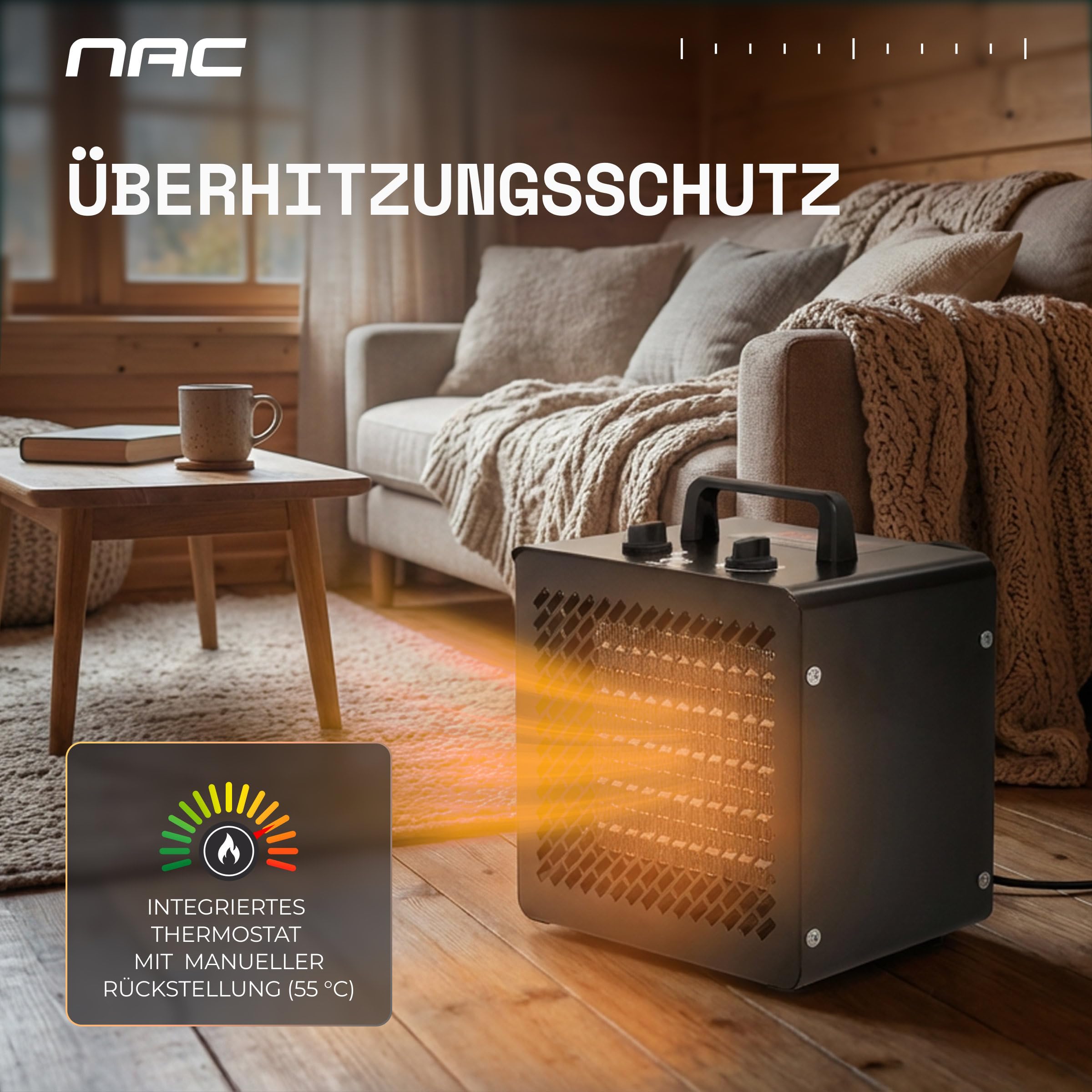 NAC Elektrischer Keramik Heizlüfter 3000 Watt - Heizstrahler mit Thermostat, Heizung Elektrisch - Heizgerät mit 3 Heizstufen, Elektroheizung für Garage, Werkstatt, Baustelle - Bauheizer Bautrockner