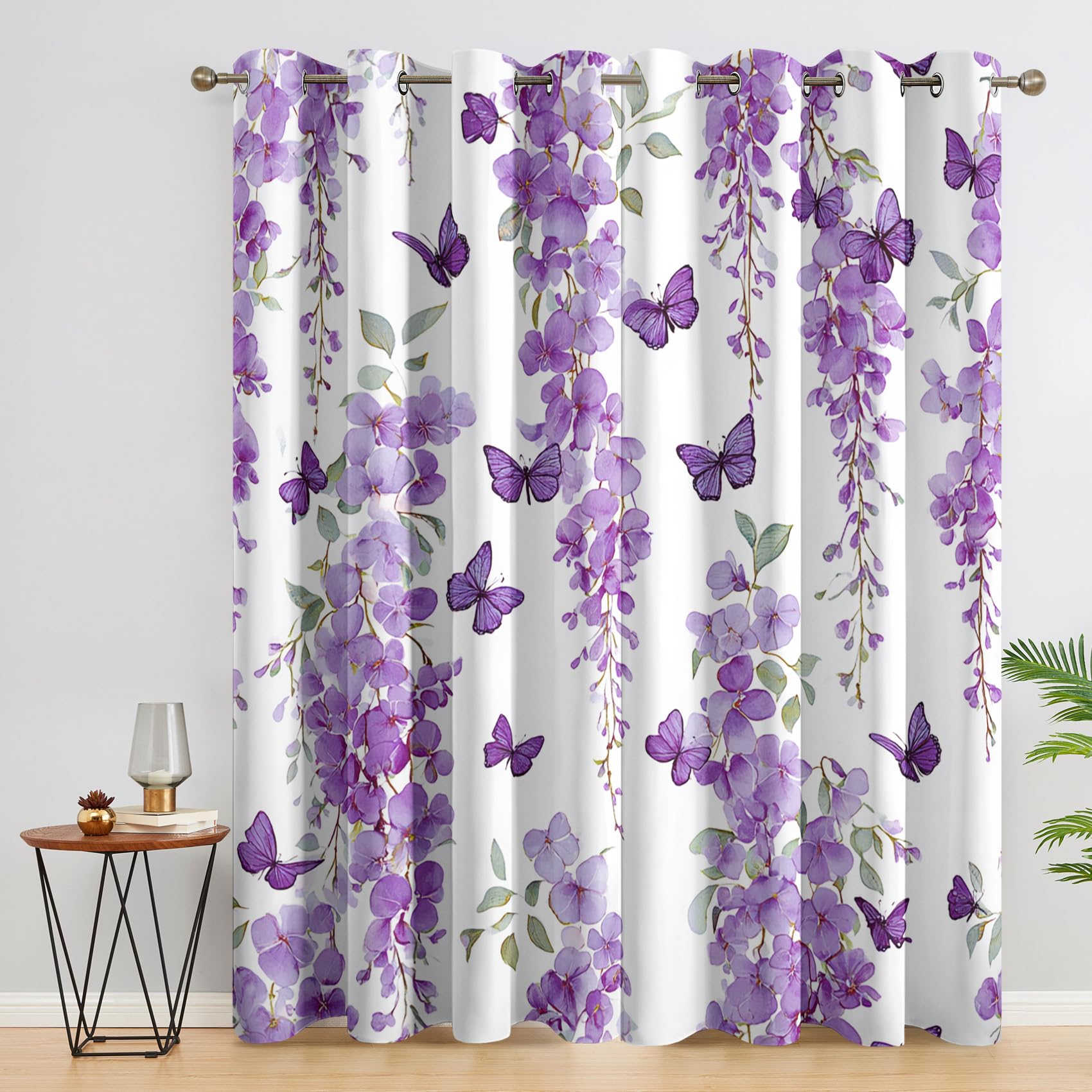 Wisteria Butterfly Curtains 46 x 54 Inch 2 Panels, 95% Blackout, Purple Floral Curtains for Bedroom, Living Room, Home Decor, Thermal Insulated Eyelet Window Drapes RCN147