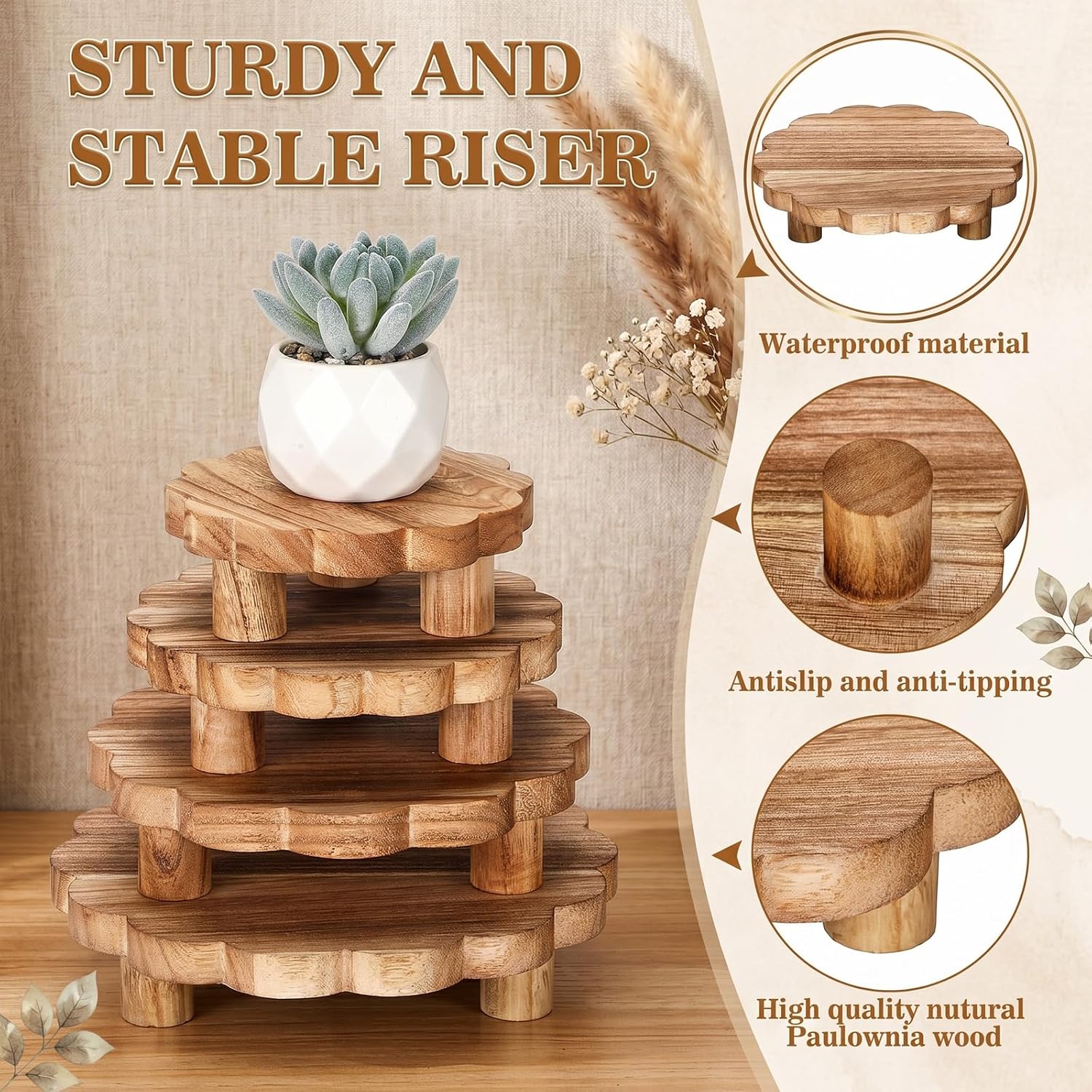Rtteri 4 Pcs Scalloped Wooden Risers Rustic Bathroom Decoration Mini Scalloped Stand Tray for Display Round Wooden Pedestal Stand Set 5/6/7/8 Inch for Home Bathroom Counter Kitchen Tiered Tray Decor image 3