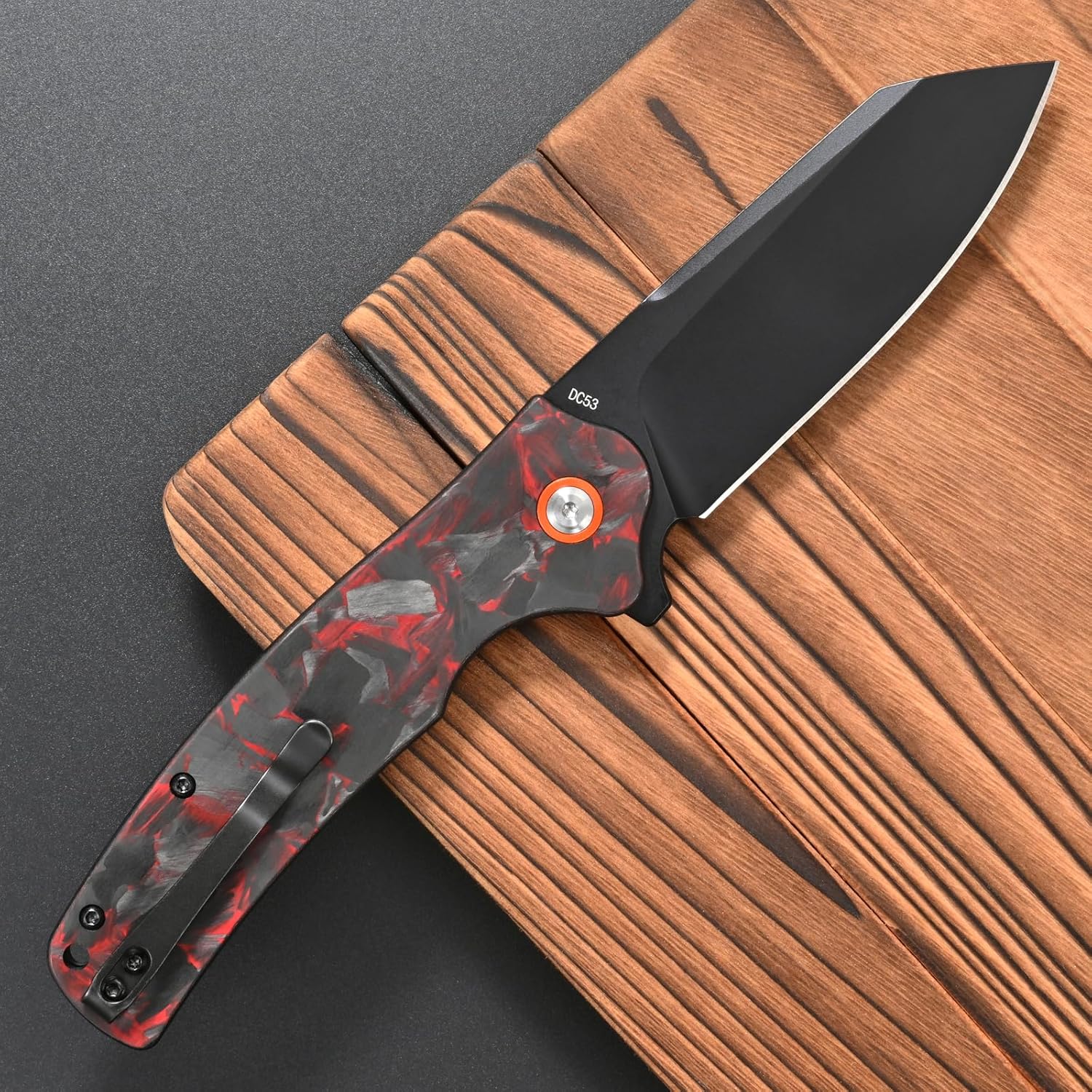 FF24 DC53 Steel Blade Folding Knife, Carbon Fiber Handle with Ball Bearing for Outdoor Camping Hiking Working Survival(Red)