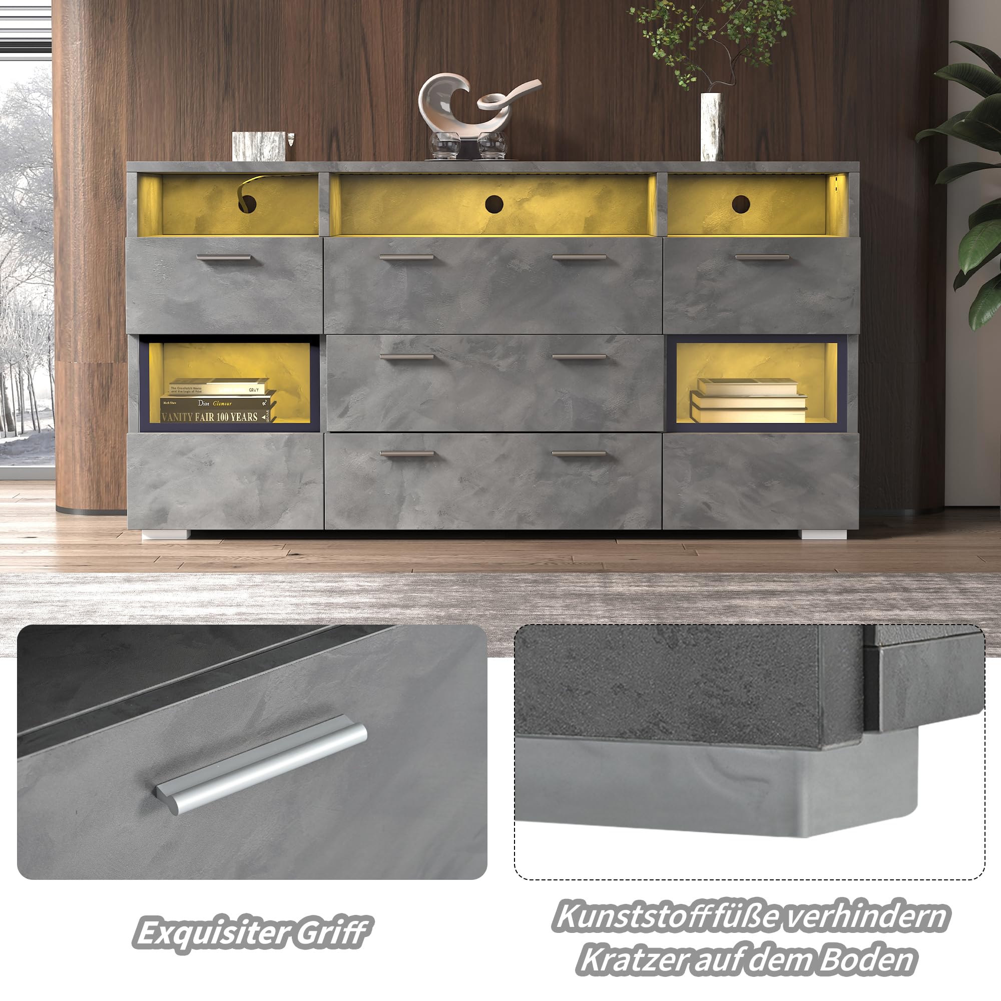 Merax Sideboard mit LED-Beleuchtung, Modernes Kommode mit 2 Türen, 3 Schubladen, offener Stauraum, Mehrzweckschrank mit transparenten Acryltüren, Standschrank Flurschrank für Wohnzimmer, 140cm, Grau