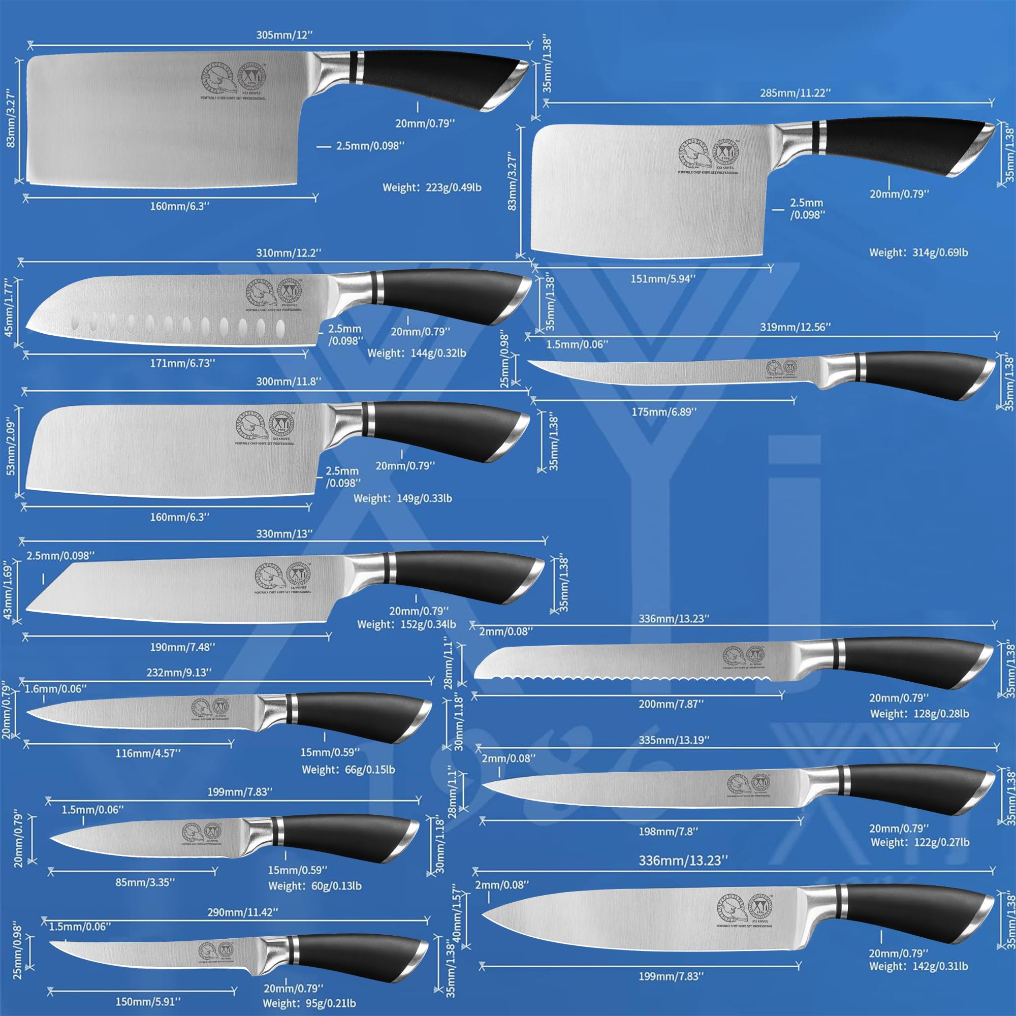 XYJ Professional Knife Set per Maestri Chef, 12-pcs Chef Knife Set con Sacchetto, Fodero, Culinary Kitchen Macellaio Coltelli, Cottura Taglio, Santoku, Utility, Frutta, Acciaio Inox