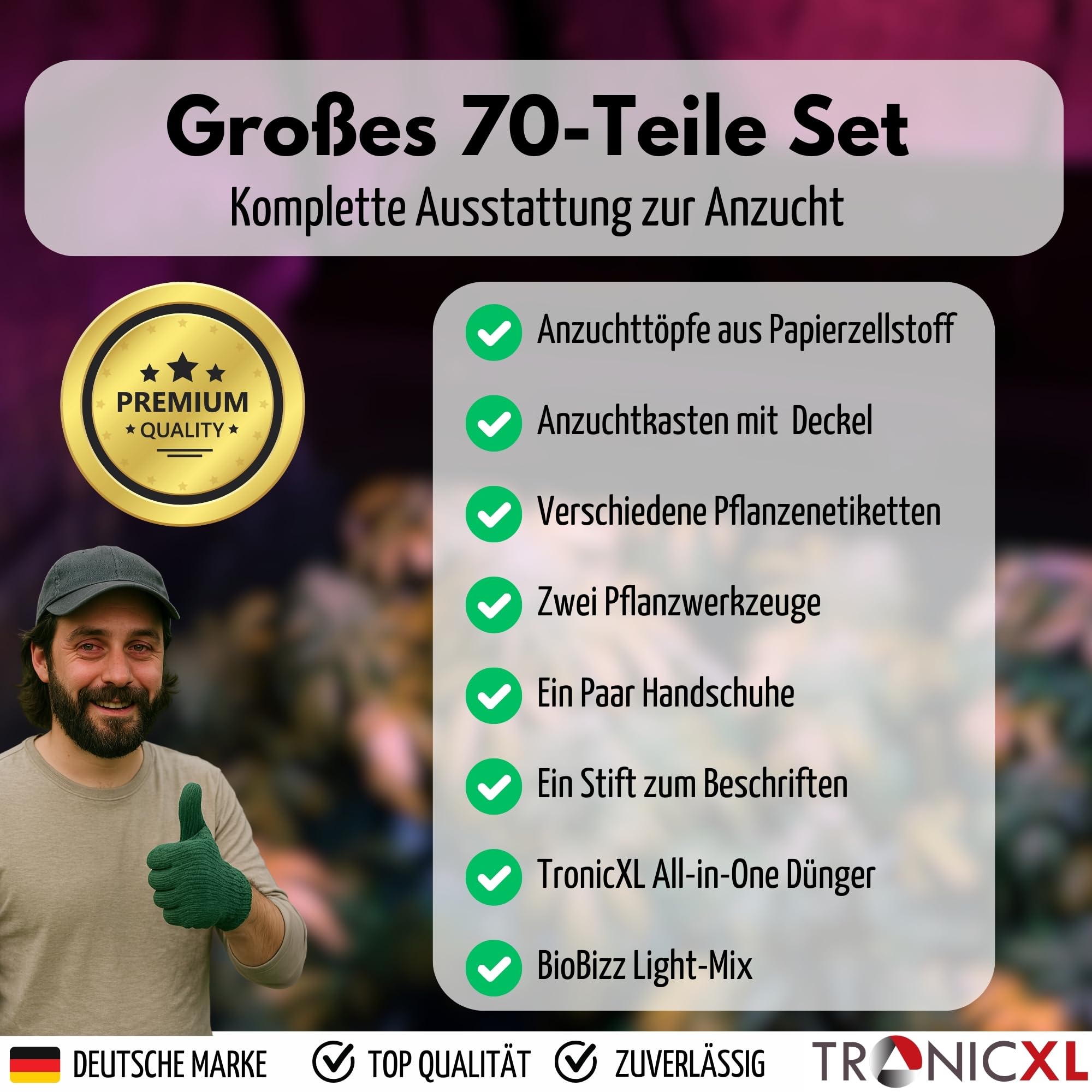 TronicXL 70-częściowy zestaw do uprawy roślin do Growbox, zestaw startowy do uprawy roślin, szklarnia pokojowa, doniczki do sadzonek, narzędzia, nawóz, lekka mieszanka do namiotu, sadzonek, sadzonek