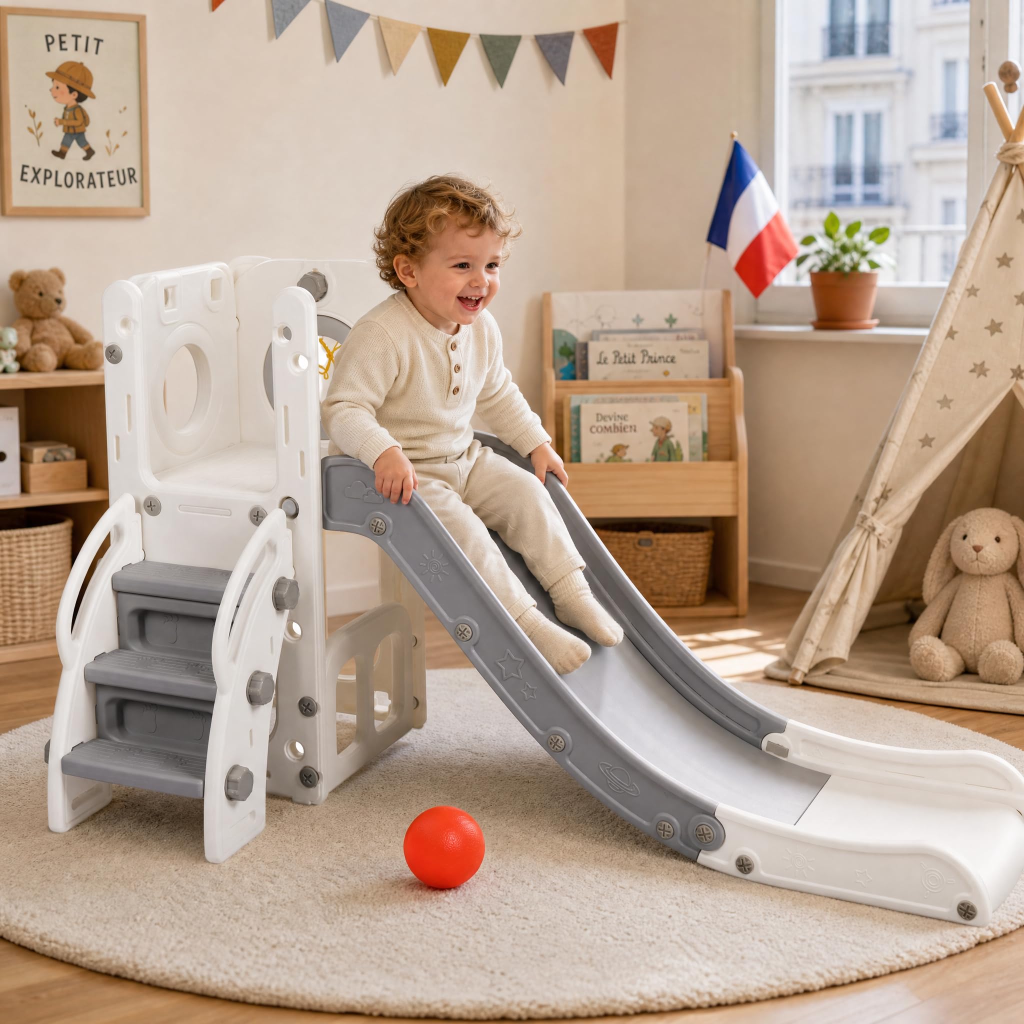 HLC Toboggan Enfants avec Glisse 140cm & Panier de Basketball, Toboggan Exterieur/Interieur Enfant, Jeu Intérieur Extérieur pour Enfants de 1-3 Ans