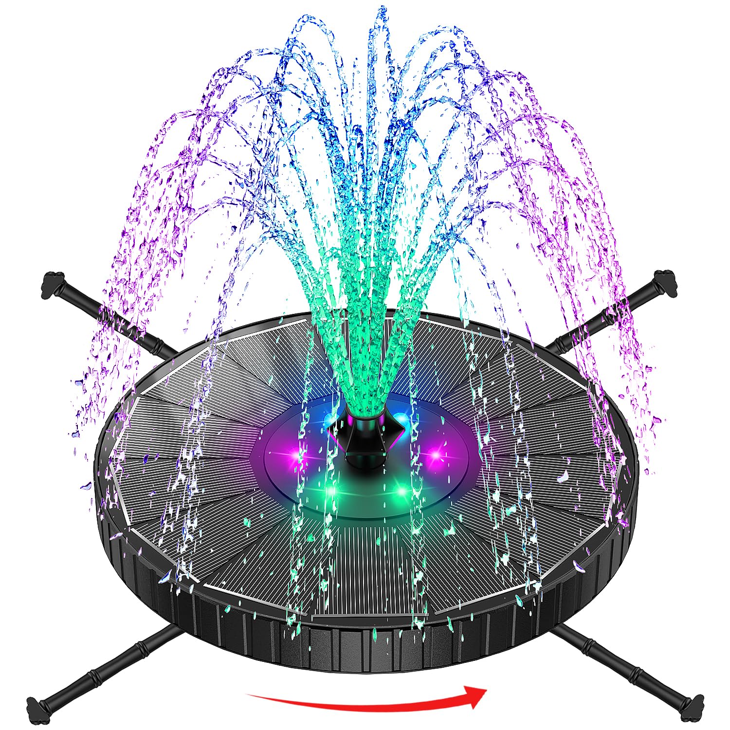 SZMP Solar Fountain Colorful LED, 3-Level Water Spray Height Adjustment, Rotating Rods Glass Bird Bath Fountains, 2000mAh Battery, 7 Nozzles Floating Solar Water Fountain for Garden, Pool (Black) - 1