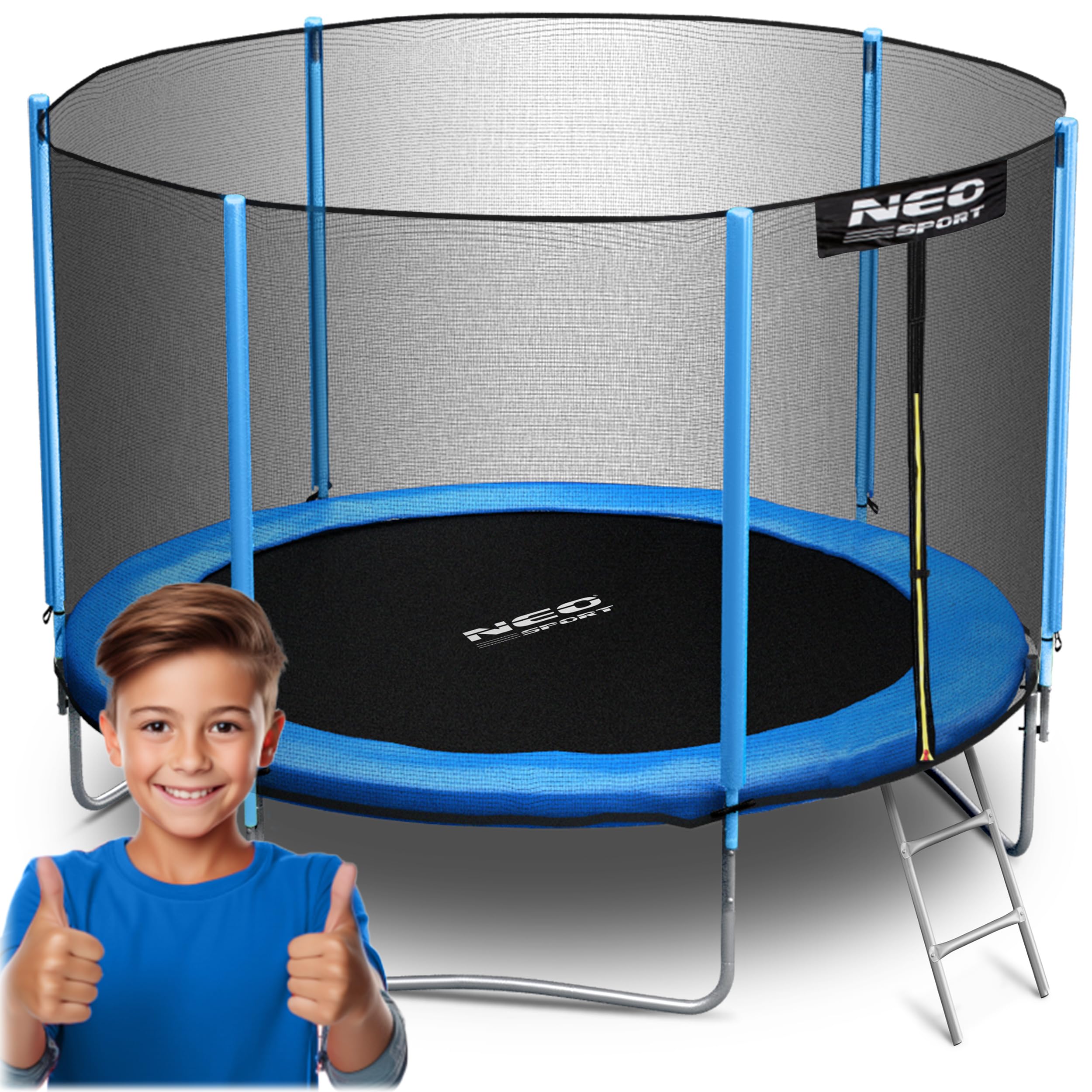Neo-Sport Trampolina Ogrodowa Trampolina Dla Dzieci Z Siatką Zewnętrzną i Drabinką 312 cm 10 ft Niebieski Czarny