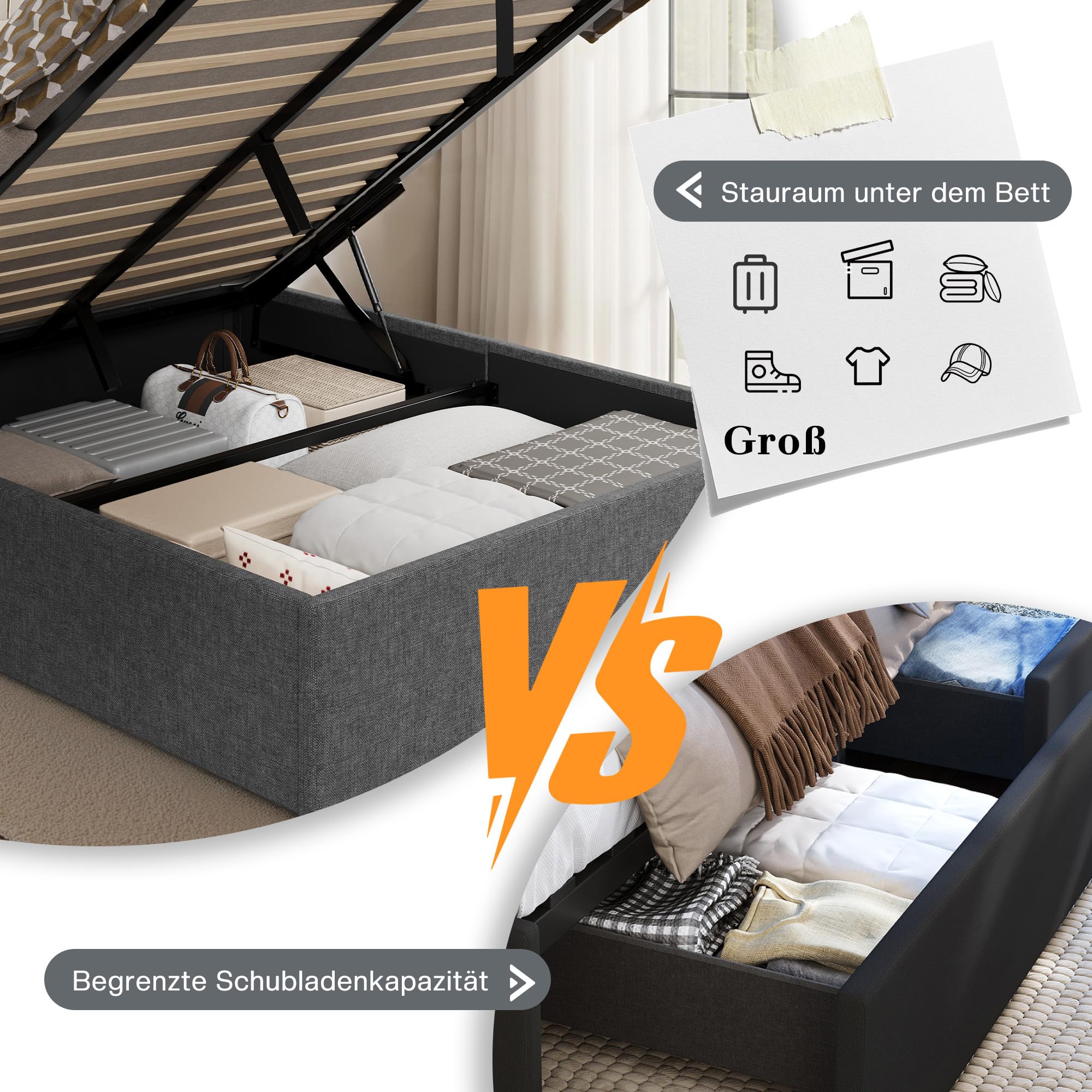 LUXOAK Bett 140x200 cm mit Stauraum und Gasdruckfeder, USB-Anschluss, LED-Nachtlicht, Seitentasche, geräuscharm, einfache Montage, kein Boxspring nötig, grau