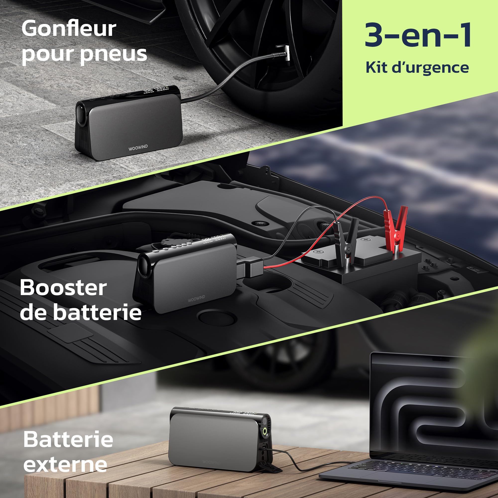 Woowind Booster Batterie, Gonfleur, 65W Power Bank, 16000mAh, 10,3 BAR | Démarreur Voiture, Power Bank 65W, Booster Batterie 12V, 16000 mAh, Lampe LED