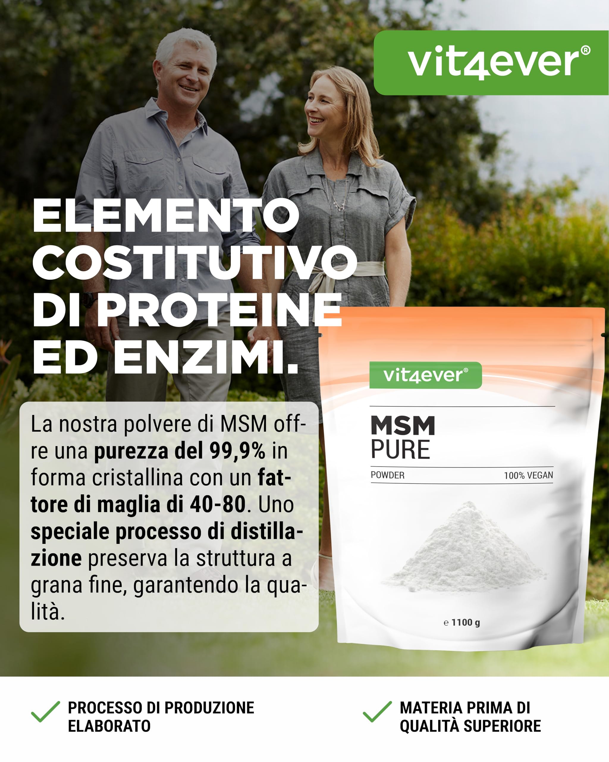 MSM in polvere - 1,1 kg (1100g) - Metilsulfonilmetano cristallino puro al 99,9% - Fattore di maglia 40-80 - Zolfo organico - Vegan