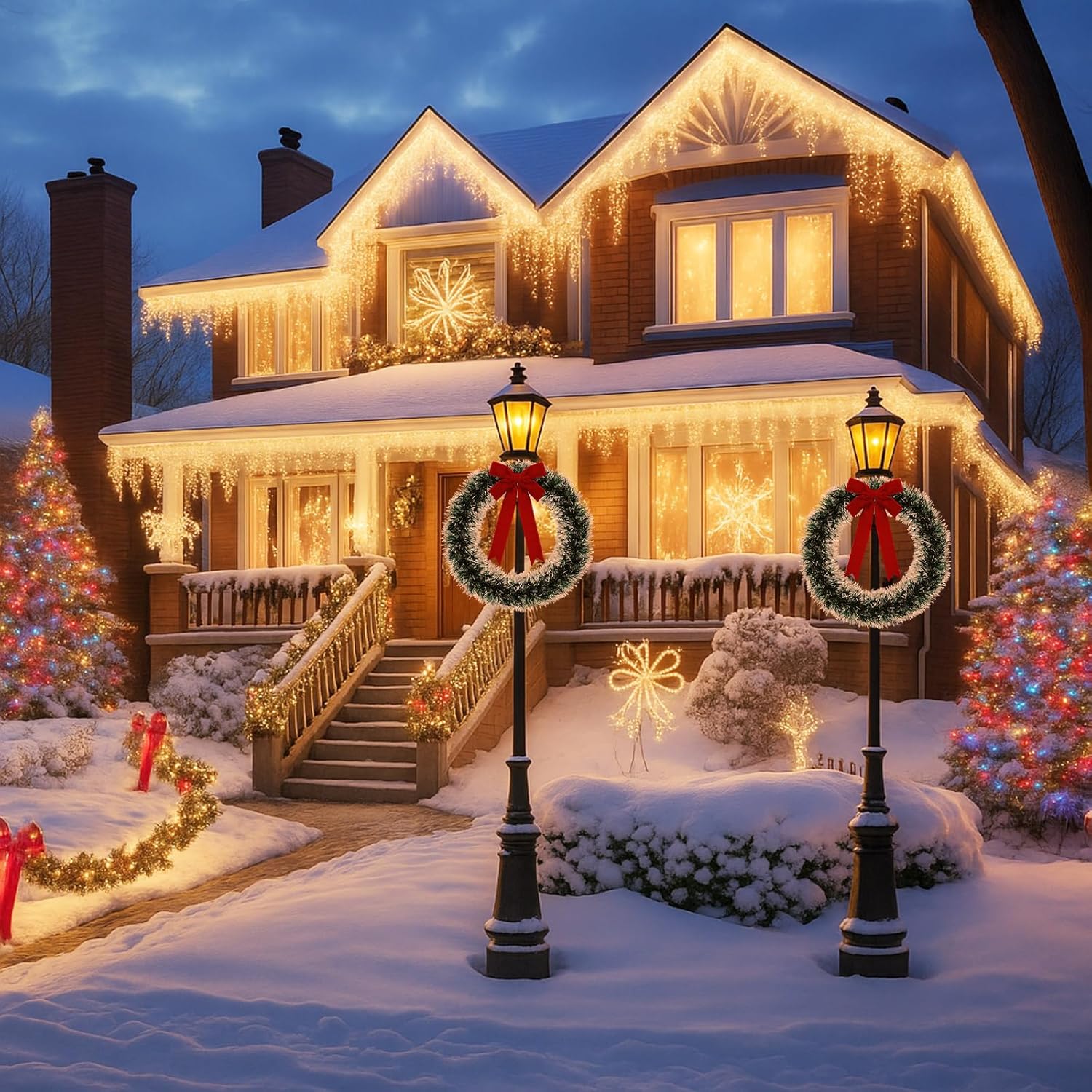 4 Pcs Christmas Wreath for Lamp Post Light Decoration with Red Bow 13.8 Inch Xmas Artificial Wreath for Christmas Holiday Outdoor Patio Garden Lawn Decoration