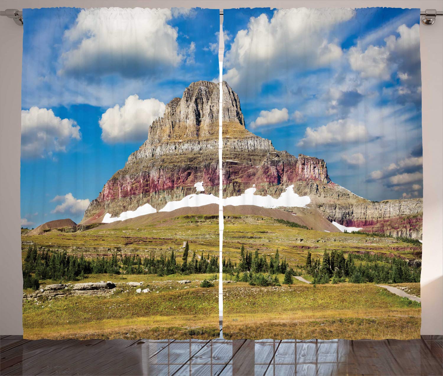 ABAKUHAUS Glacier National Park Curtains, Rugged Colorful Peak and Cloudy Sky Nature Scene from Montana, Living Room Bedroom Window Drapes 2 Panel Set, 89 L X 110 W, Multicolor