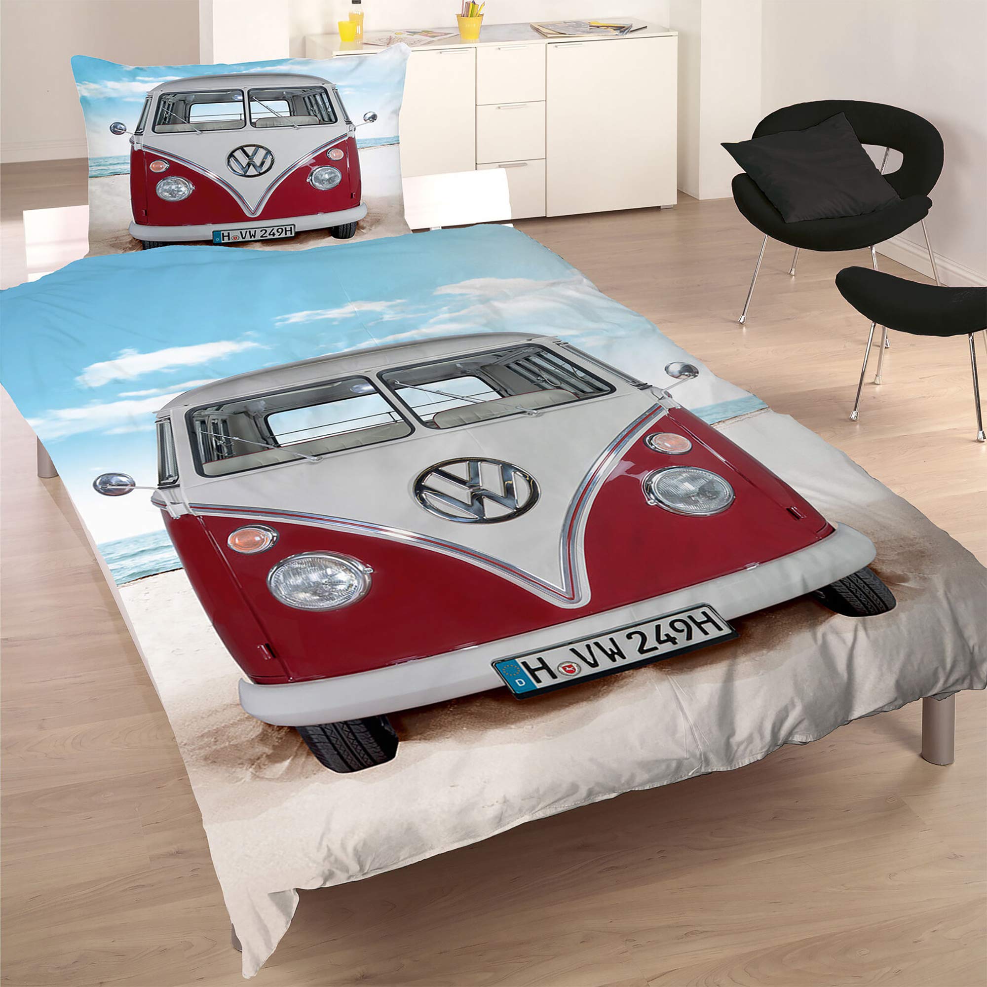 VW Volkswagen Bulli Bettwäsche Beach Rot / Schwarz 135 cm x 200 cm + 80 cm x