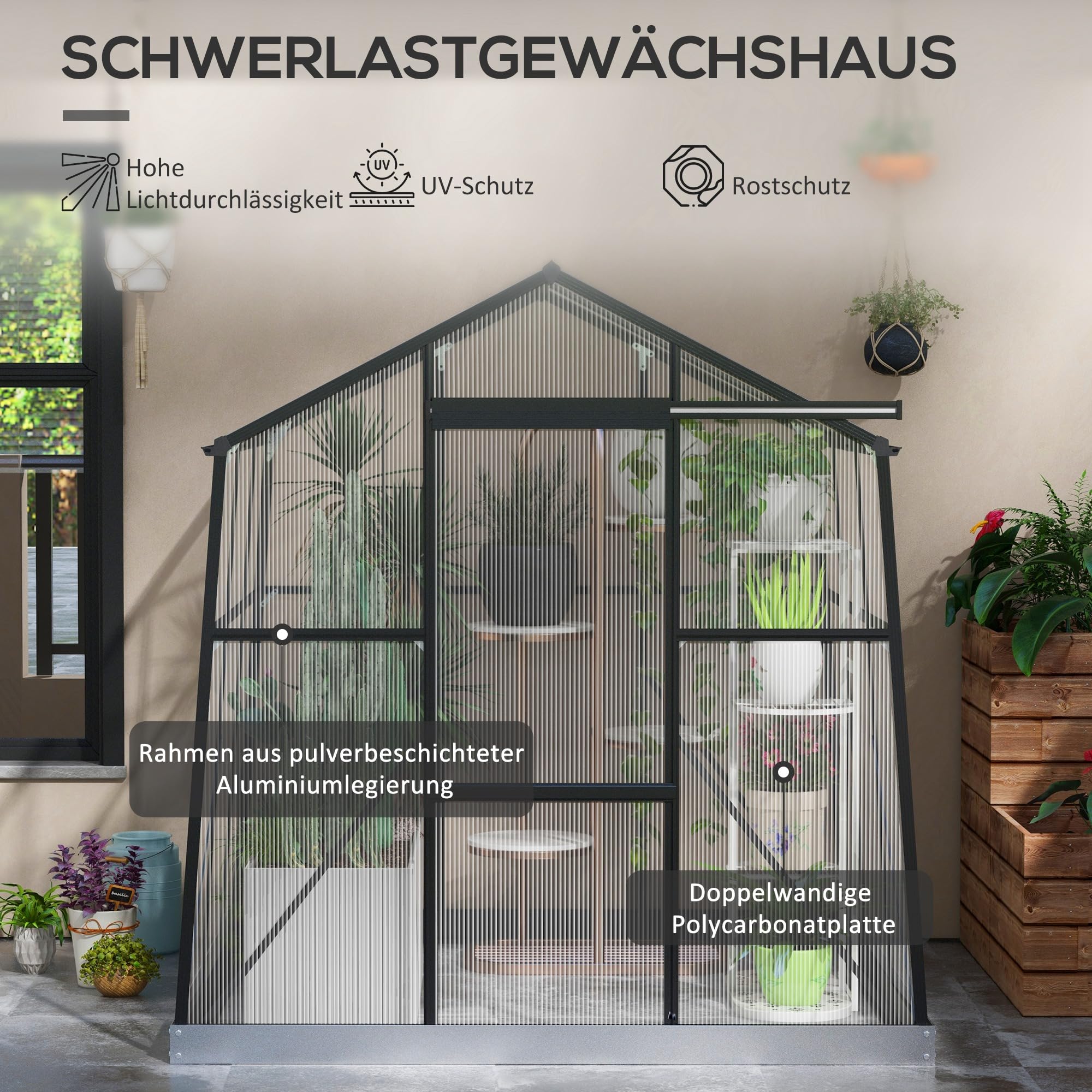 Outsunny Gewächshaus Aluminium mit Fundament 192 x 192 x 204 cm Schwarz | Treibhaus, 3,68 m², Tomatenhaus, Fenster, Schiebetür, Aufzucht Pflanzenhaus, für Garten, Balkon