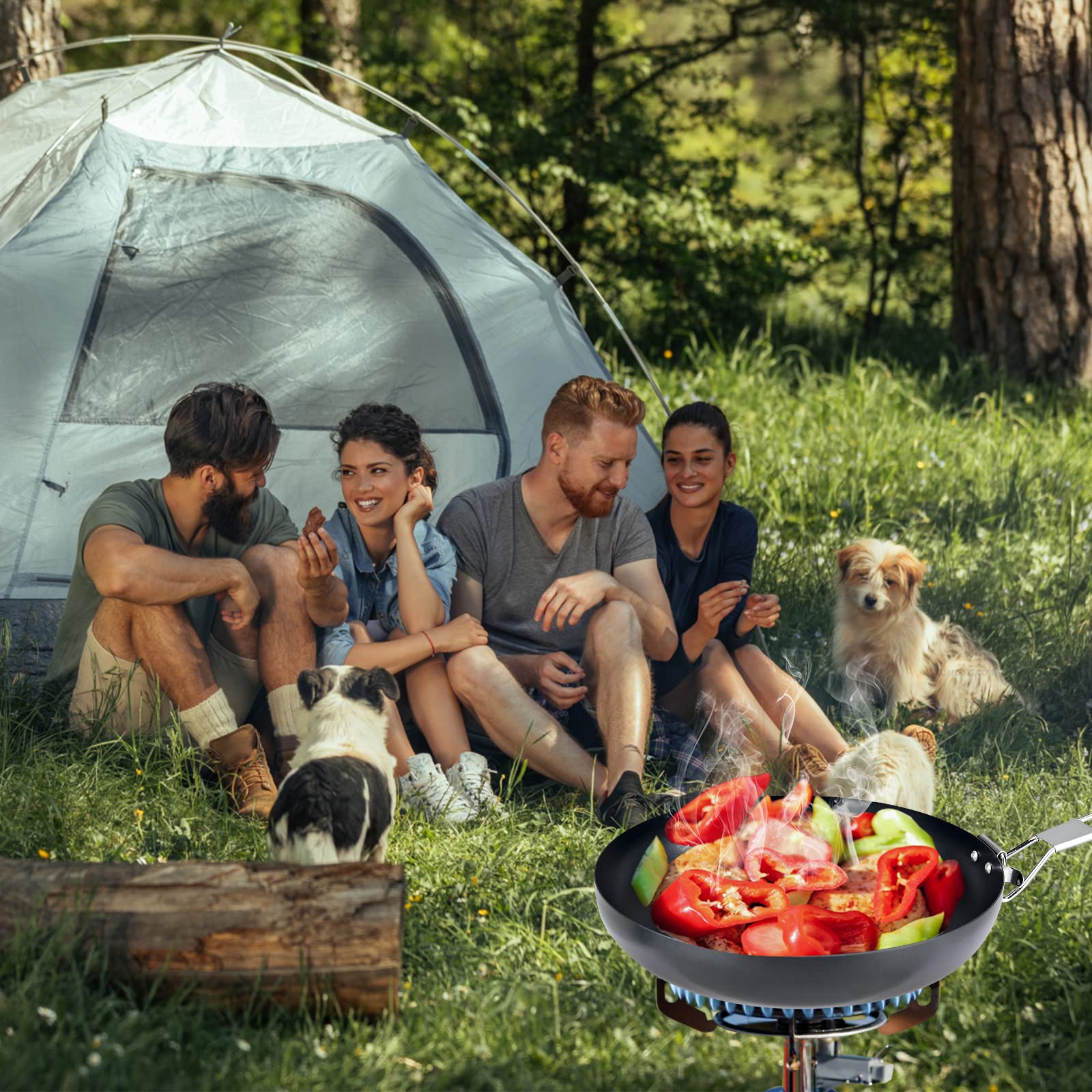 Wok portatile pieghevole da campeggio, padella in ferro da esterno con base piatta, padella antiaderente da 24 cm, padella per campeggio picnic escursionismo