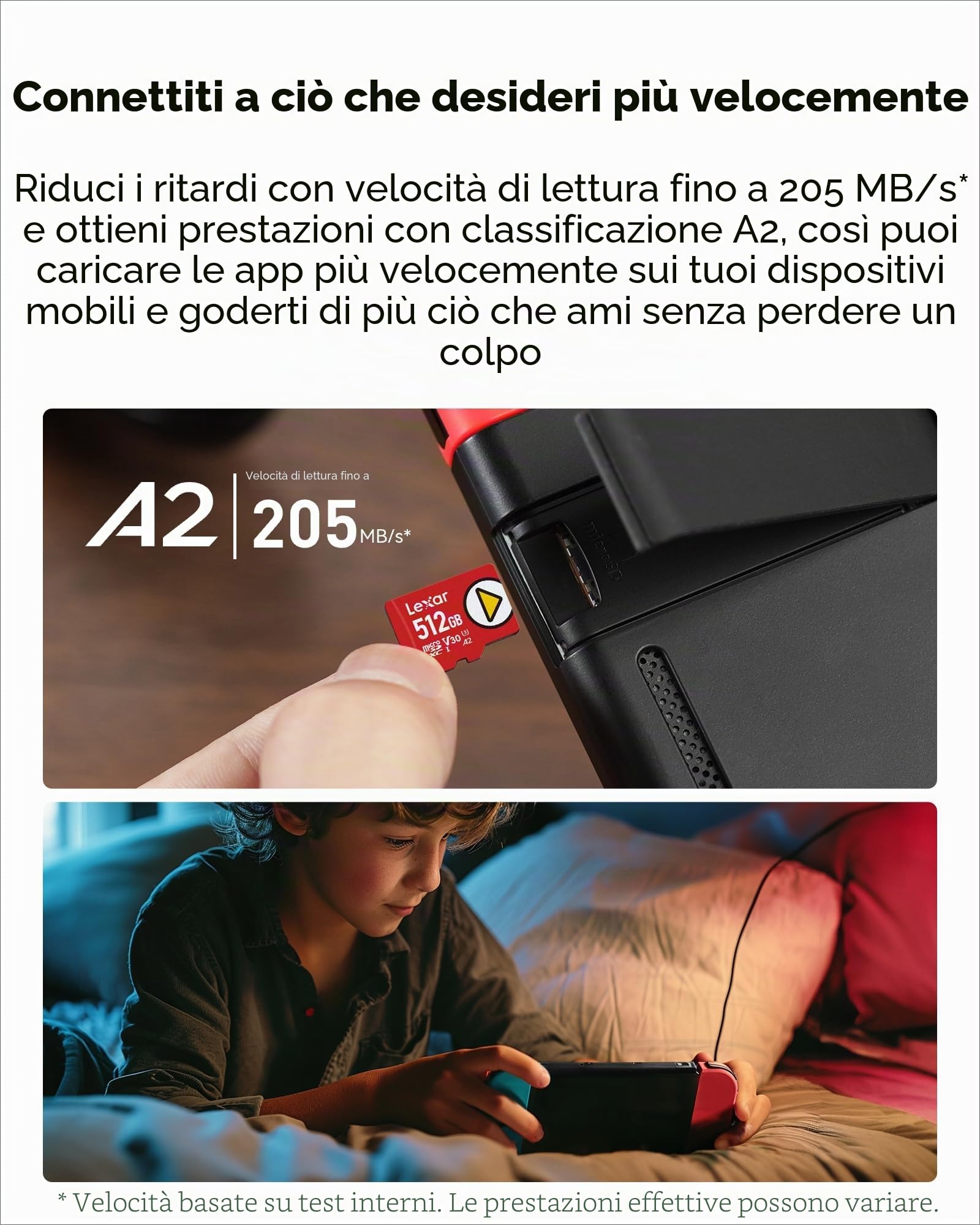 Lexar Play Scheda Micro SD 512GB, microSDXC UHS-I, fino a 205 MB/s lettura, 140 MB/s scrittura, C10, U3, V30, A2, video 4K, scheda ad alta velocità per Switch/dispositivi di giocoportatili/smartphone