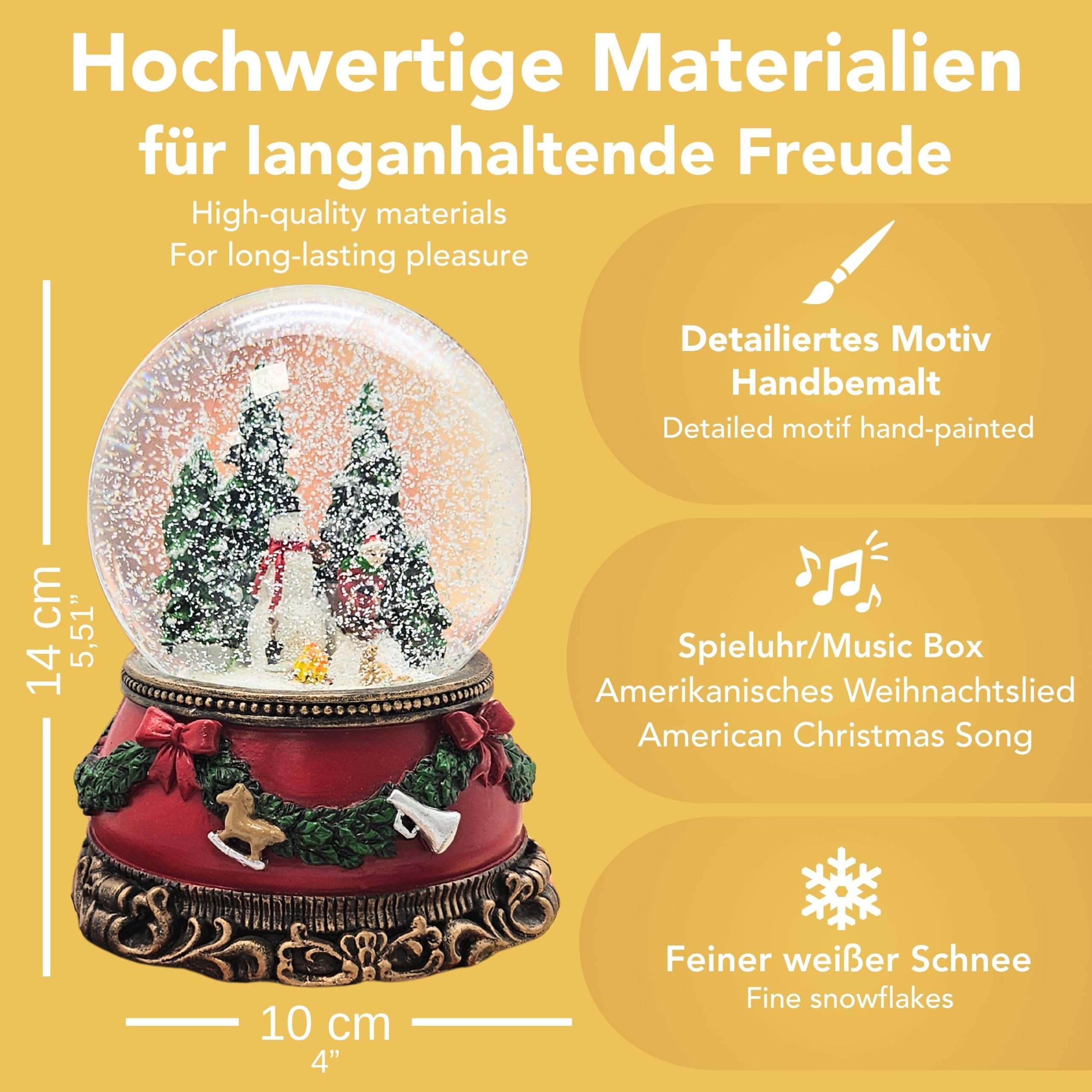 Schneekugel Weihnachten Spieluhr | Schneemann Steht | Sockel Weihnachtsdekor rot | Breite: 100mm, Höhe: 140mm | mit Musik | Weihnachtsdekoration | 20259